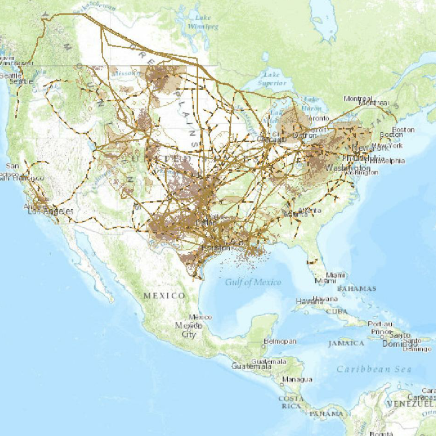 The existing network of Petroleum and Natural Gas pipelines throughout the US. Click to enlarge Source: EIA