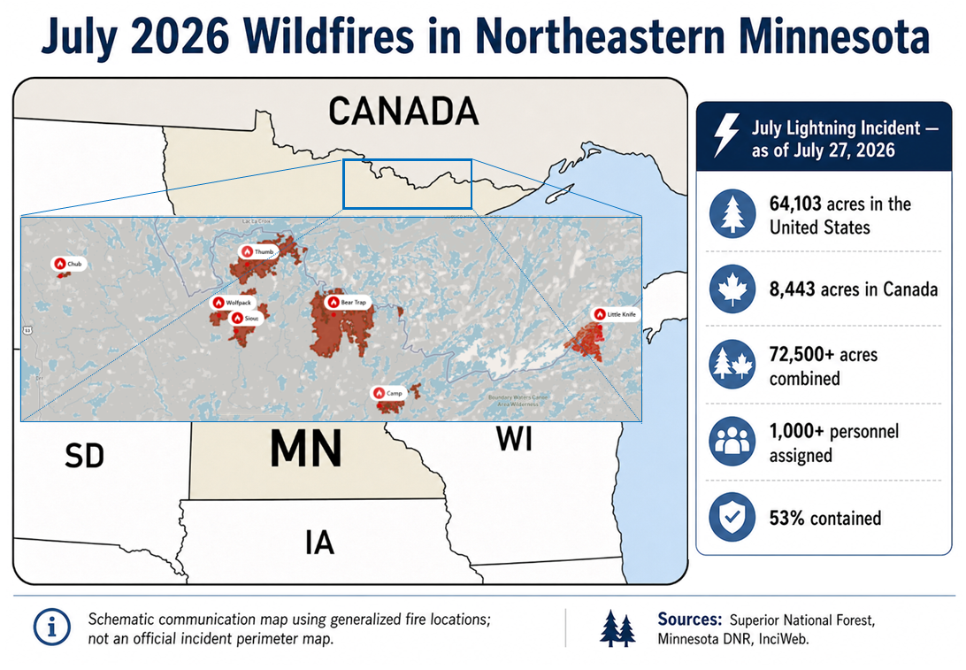 Generalized map of major July 2026 wildfires in northeastern Minnesota, with affected acreage, personnel, and containment information.