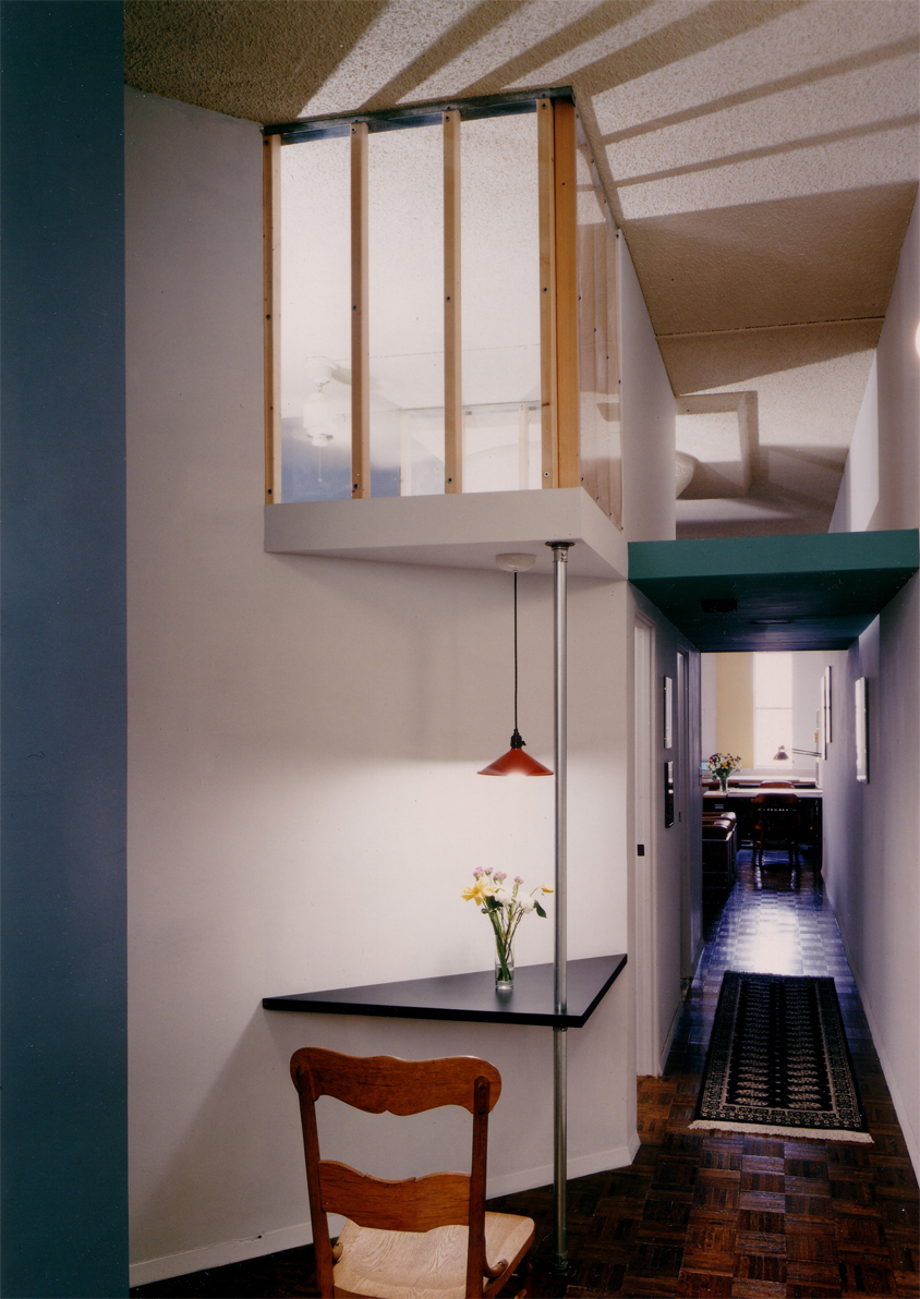working with existing walls, modifications were made to get light into the bedroom, a kitchen nook was created with the leftover geometry.