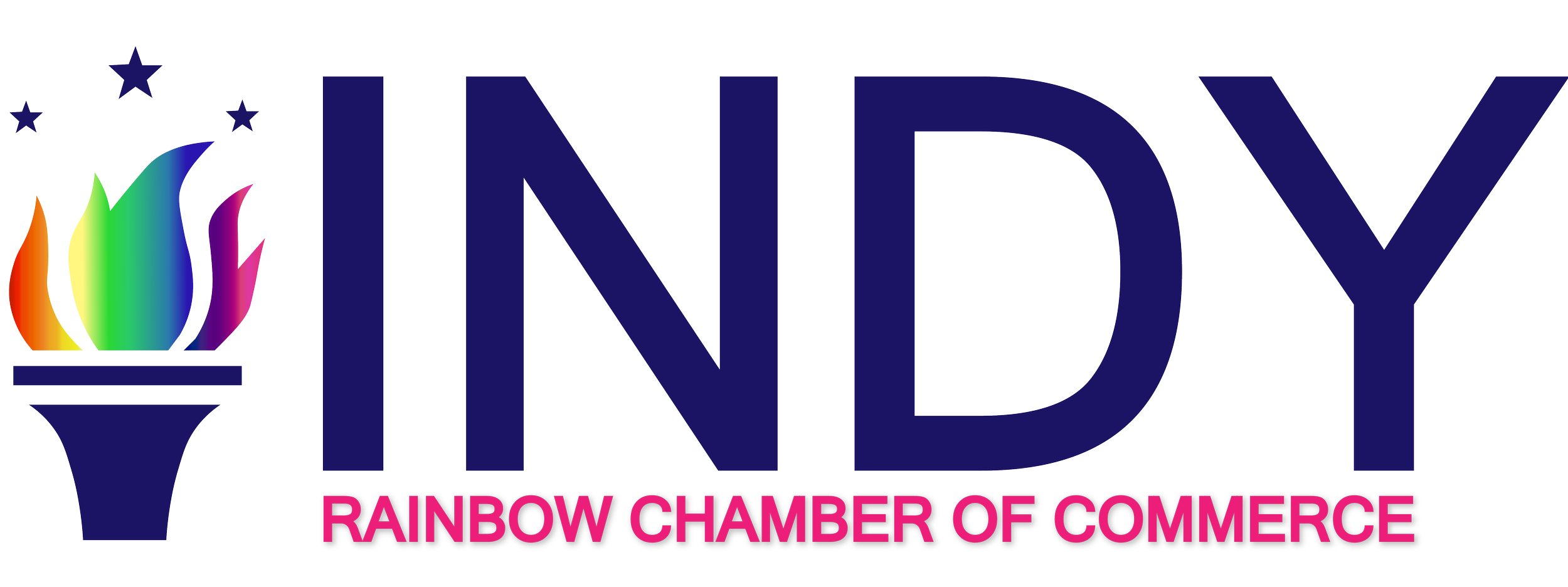 Logo of Indy Rainbow Chamber of Commerce featuring a colorful flame, a blue torch, and the text 'INDY RAINBOW CHAMBER OF COMMERCE' in pink and black.
