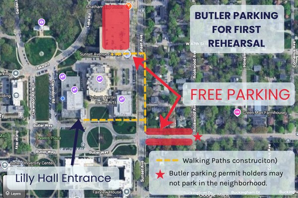Map showing parking arrangements for a theater rehearsal. Free parking marked in red along Rockwood Avenue and adjacent streets. Butler parking permit holders advised not to park in the neighborhood, marked with a red star. Lilly Hall entrance indicated on the map with a blue arrow. Walking paths under construction are shown with yellow dashed lines. The map includes surrounding streets and landmarks.