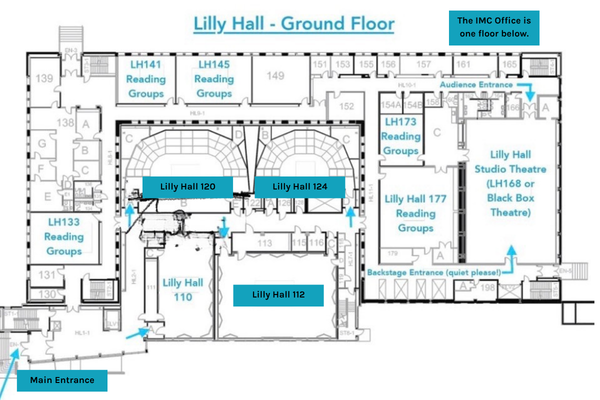 Floor plan of Lilly Hall ground floor with labeled rooms, reading groups, studio theatre, backstage, and entrances, including the main entrance, audience entrance, and notes about office and theater options.