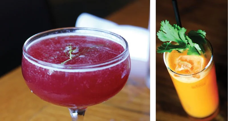 Spuntino Wine Bar & Italian Tapas and Cortney Cates Turn Up the Beet at Spuntino Wine Bar in New Jersey boasts colorful, wholesome beet powder (left) and Carrot, ginger and cilantro up the wellness factor in this brunch drink at Beaker & Gray in Miami (right).