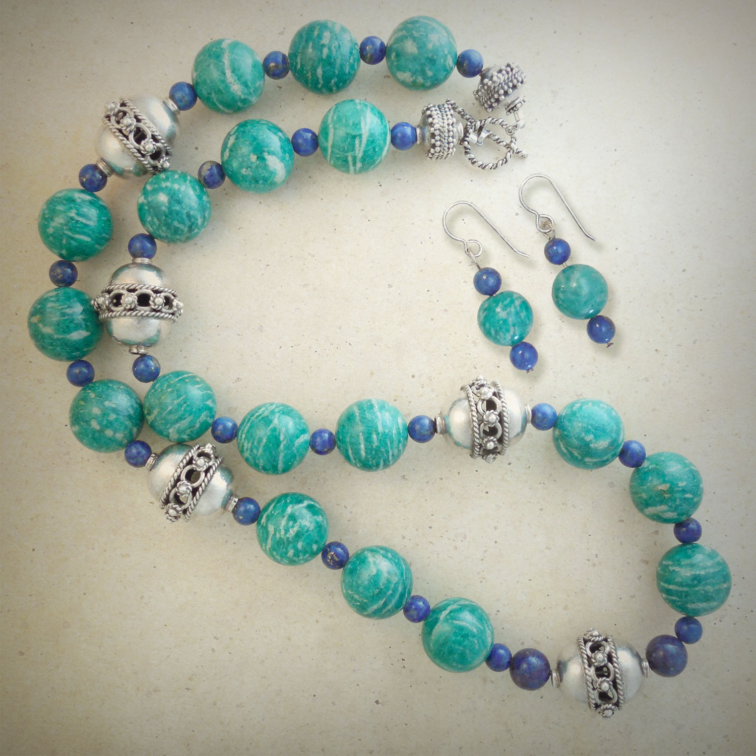 Amazonite, lapis lazuli with worked sterling beads
