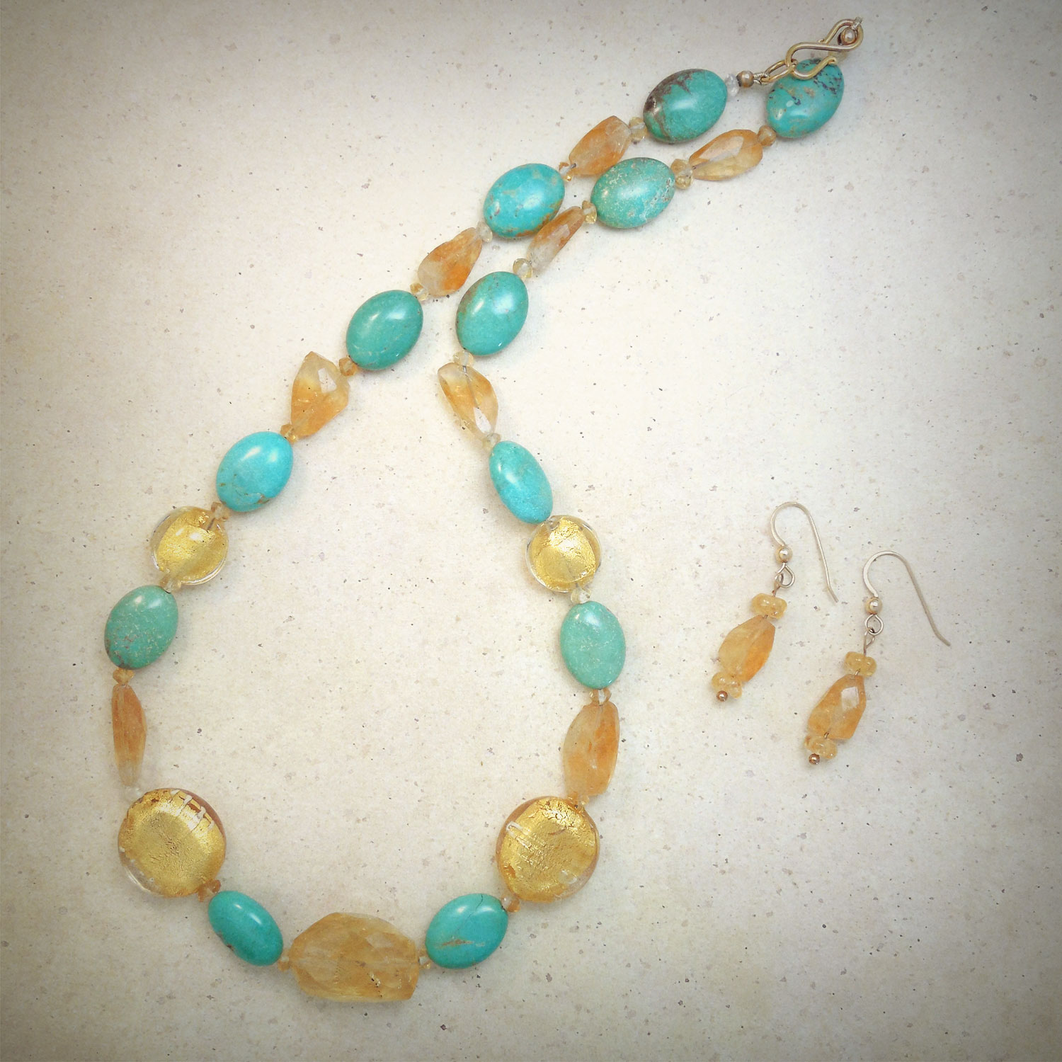 Murano gold beaded necklace with citrine and turquoise beads