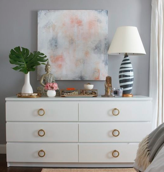 Practical tip from Gates: IKEA Malm Dresser hack with added brass ring hardware.
