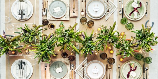 Never underestimate the power of greenery, all in hues of green. And notice not all the cutlery matches. Perfectly acceptable.