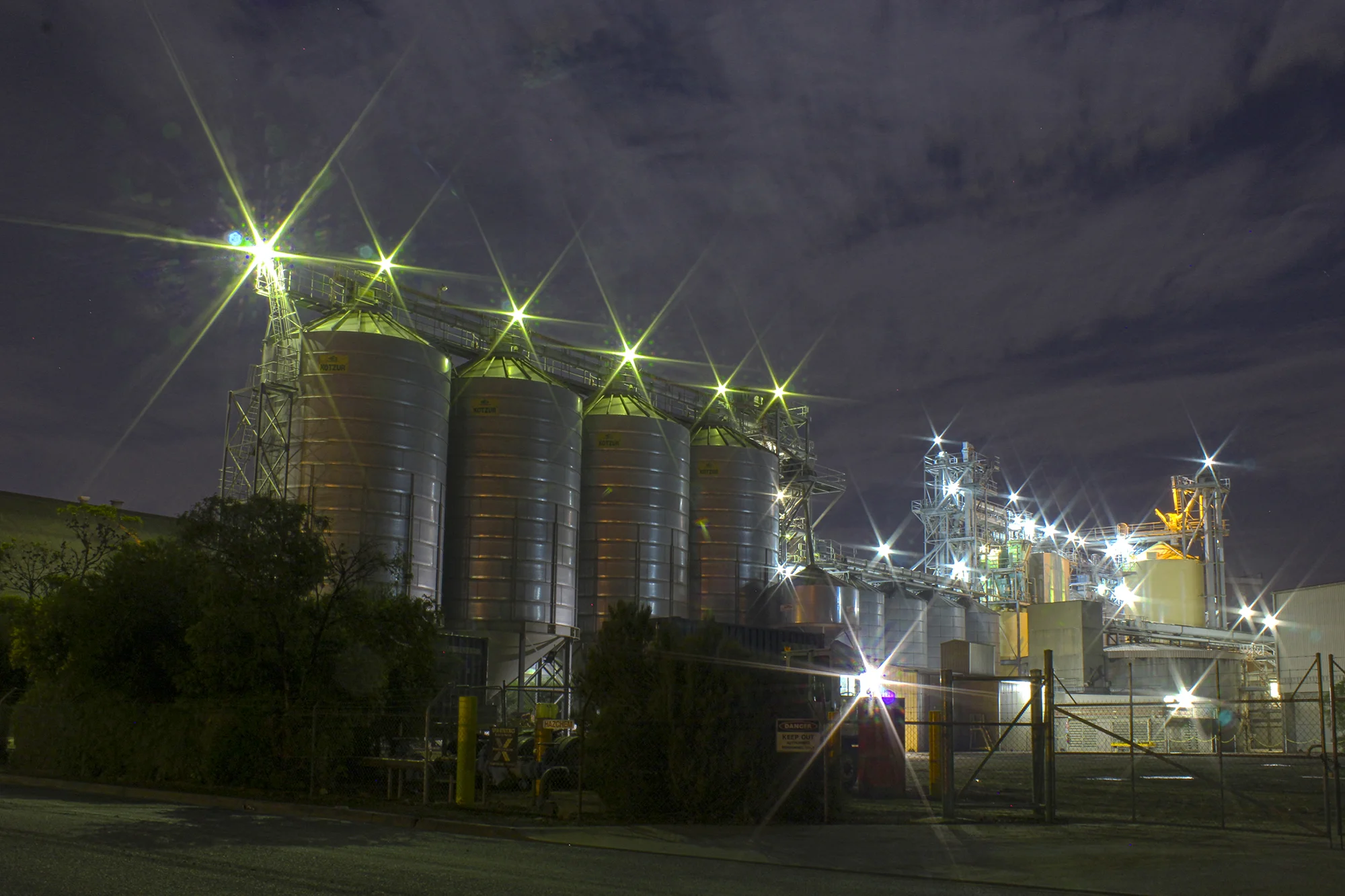 Industrial light show on the path from Moorpanyal Park to Steampacket Gardens