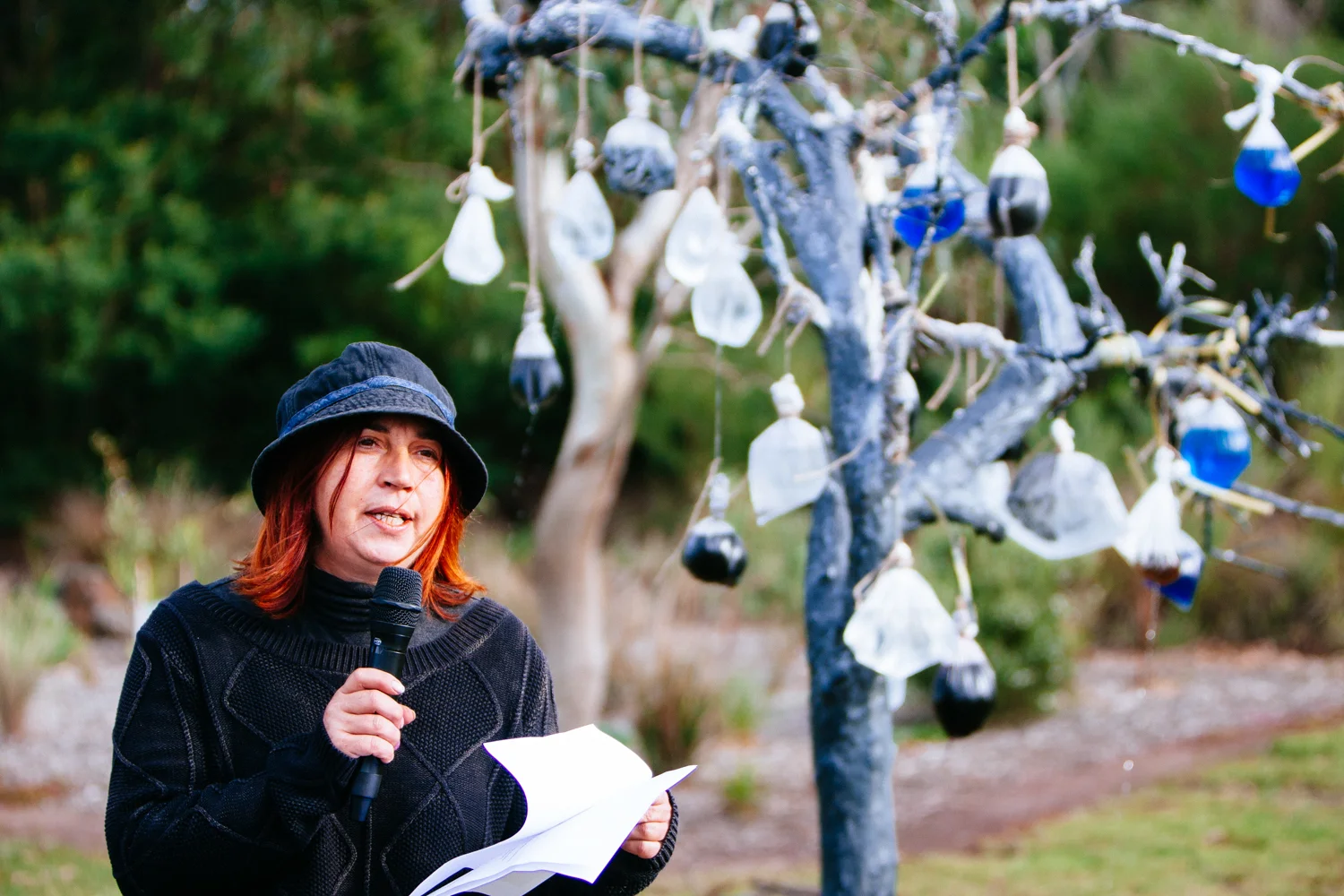 Mirjana Margetic speaking about her installation at Christies Rd.   Image by Dean Walters Photography.
