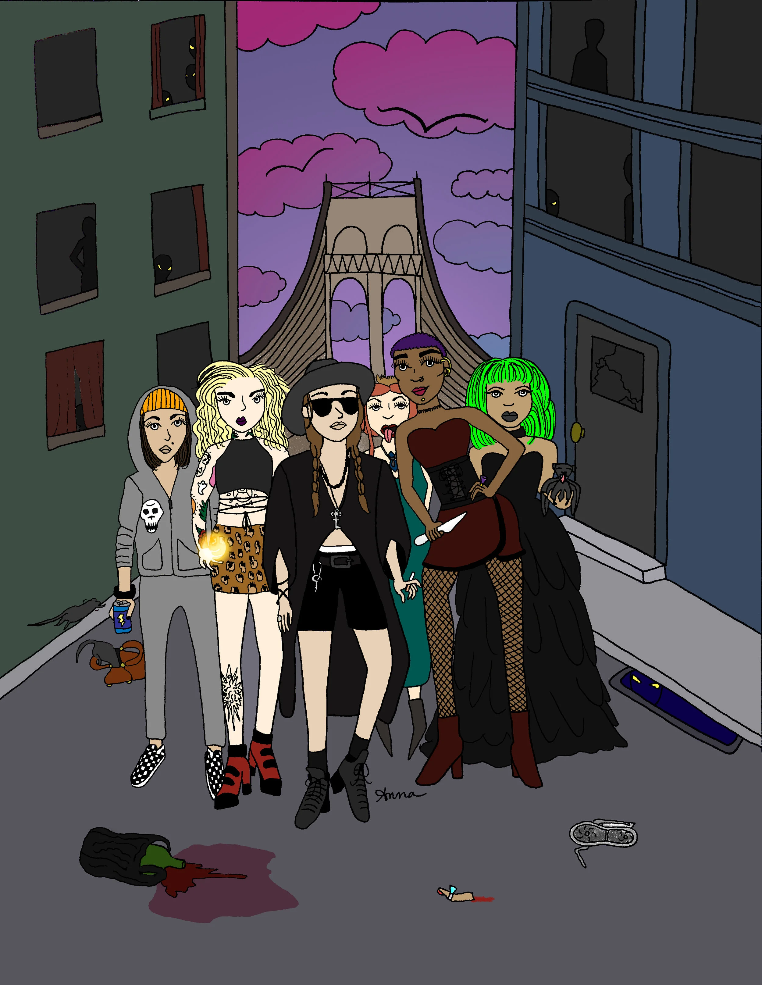 “Spooky Squad” final illustration: pen drawing scanned with color added digitally in Photoshop. Completed the night before the group show.