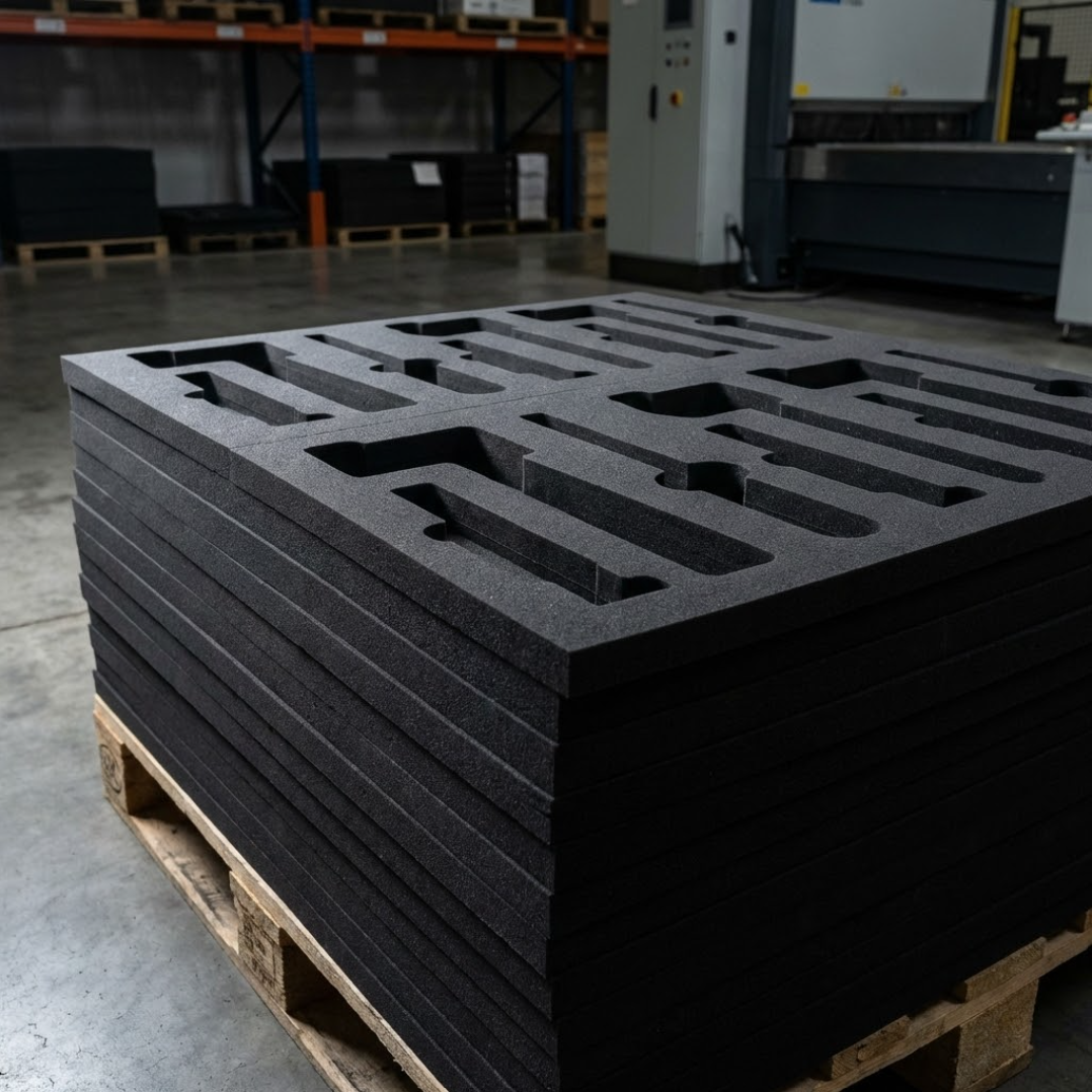 stacked foams on a pallet with custom cut marks