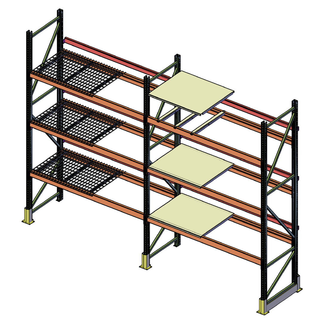 3D model of a pallet rack with wire and plain decks
