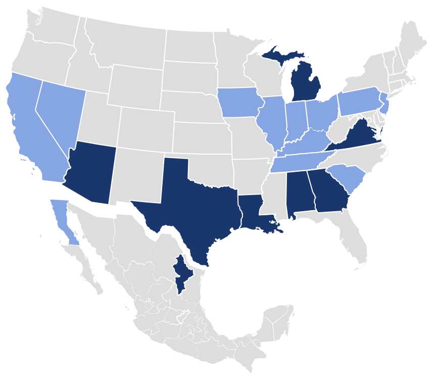 USA and Mexico map with colors on states with YESAC exposure