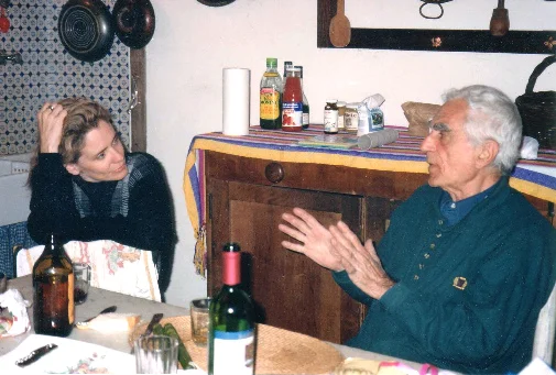 Williamson in talks with mentor, Nicolas Carone at his home in Italy in May 1992. Carone is best know as an Abstract Expressionist painter, a seminal teacher at the New York Studio School, and for co-founding The International School of Art in Umbria, Italy.