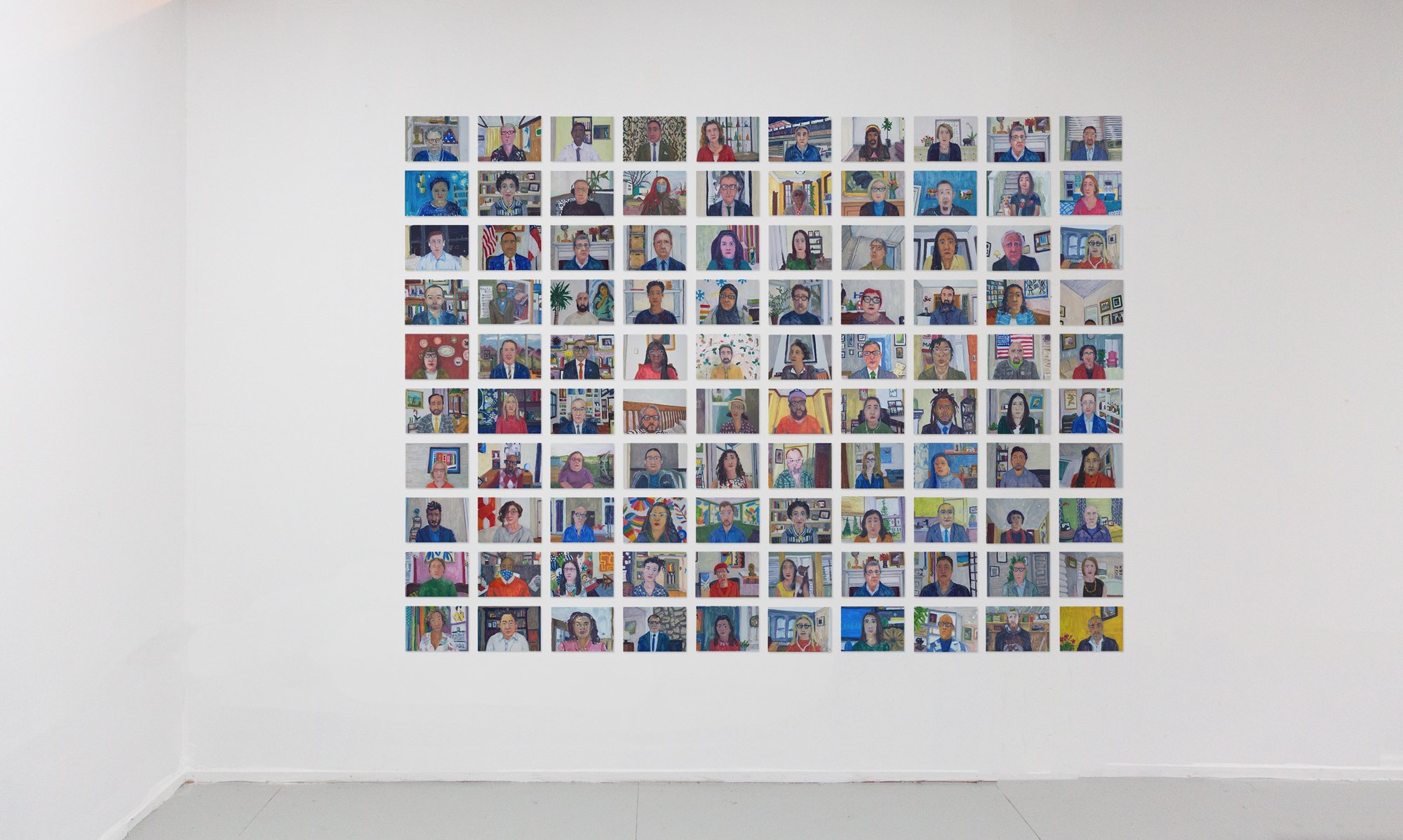     100 Zoom Portraits (Installation View) , 2021, Oil on clay coated panel, size variable     