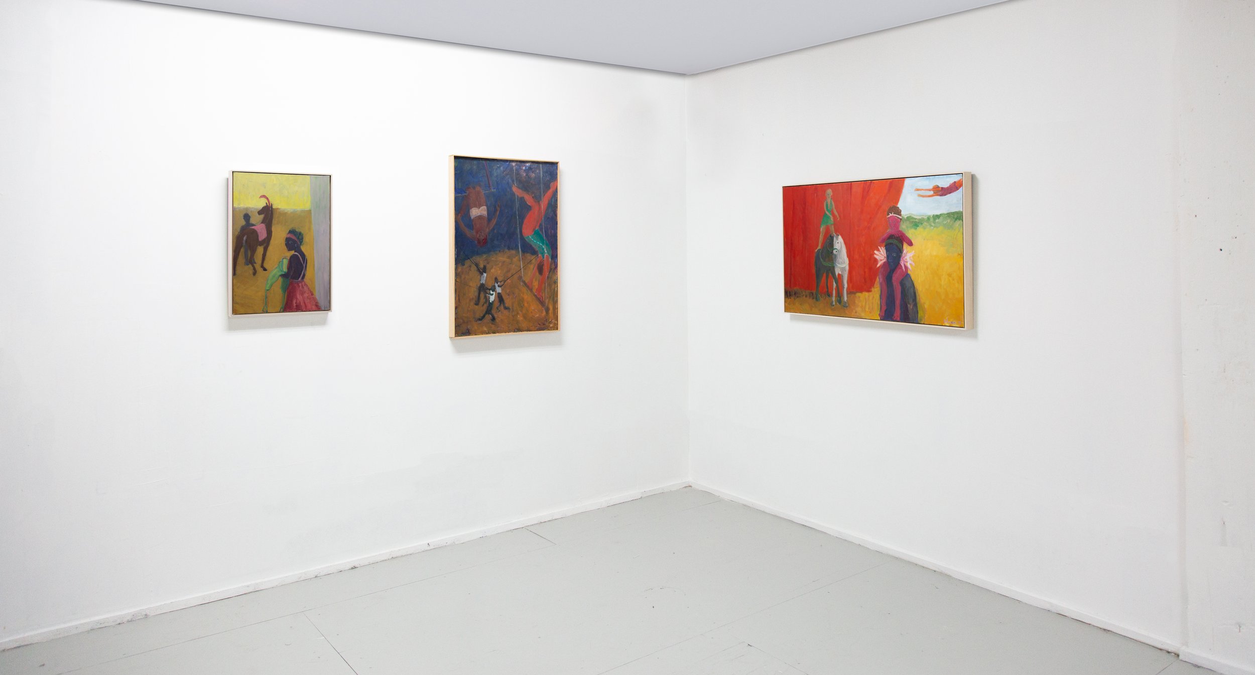  From left to right:  Circus Rider (with green saddle) , 2020, Oil on canvas, 25 x 17”;  Trapeze Artists , 2018, Oil on canvas, 34 x 30”;  Three, Two, One , 2019, Oil on canvas, 26 x 42”       