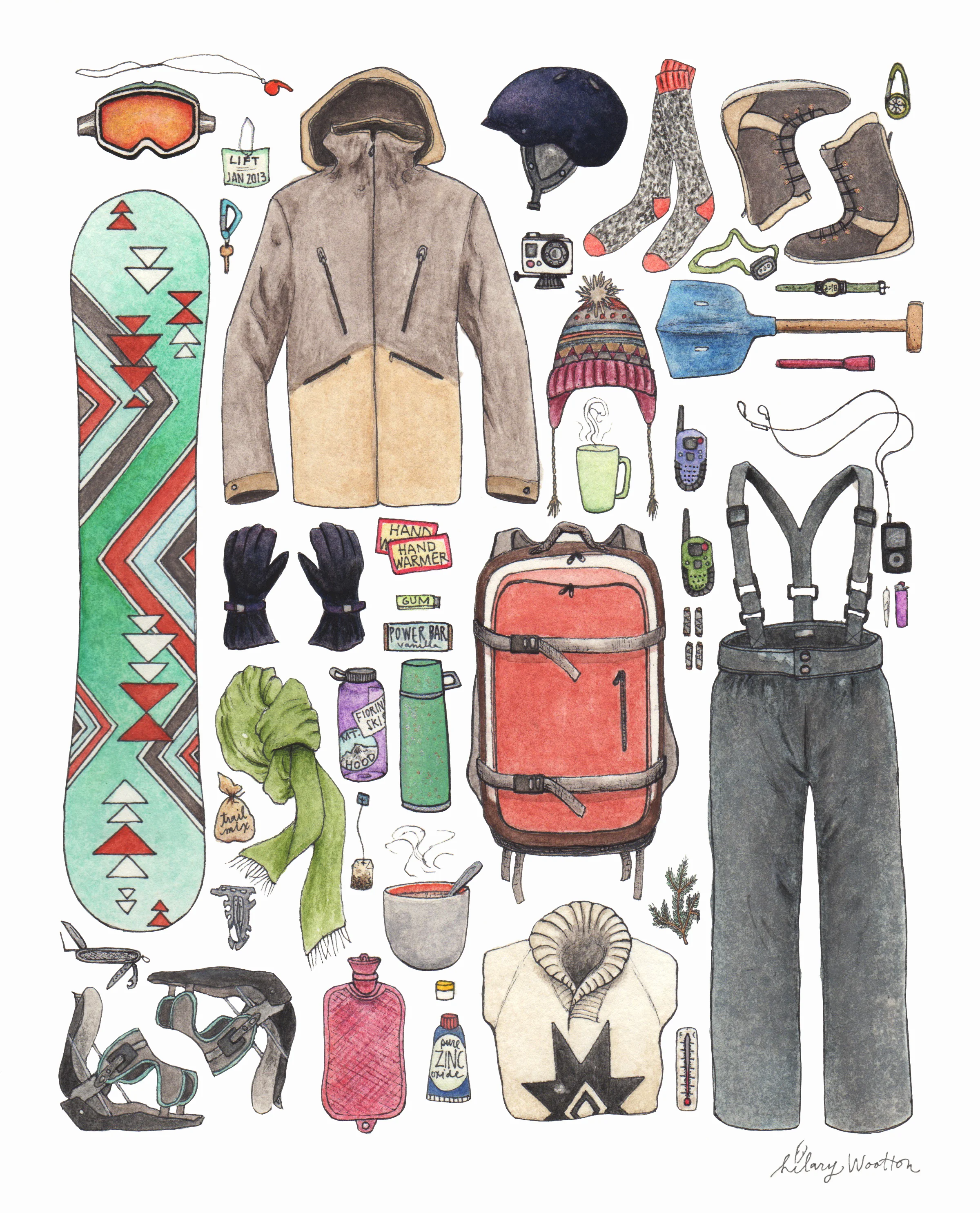 Snowboarding Gear Watercolor, gouache + ink on paper 8" x 10" SOLD (original) * prints + cards available in my Etsy shop ➵ Hilary Wootton
