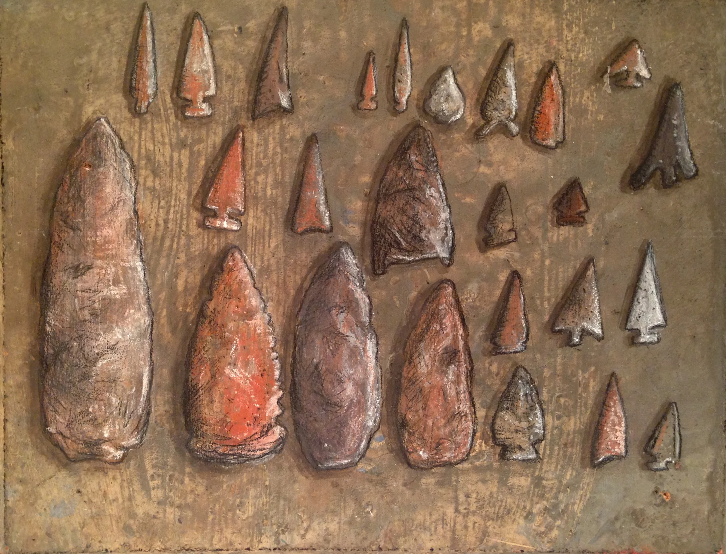   Arrowhead Collection&nbsp;   Gouache, graphite + pastel pencil on found wood&nbsp;  9" x 7" 