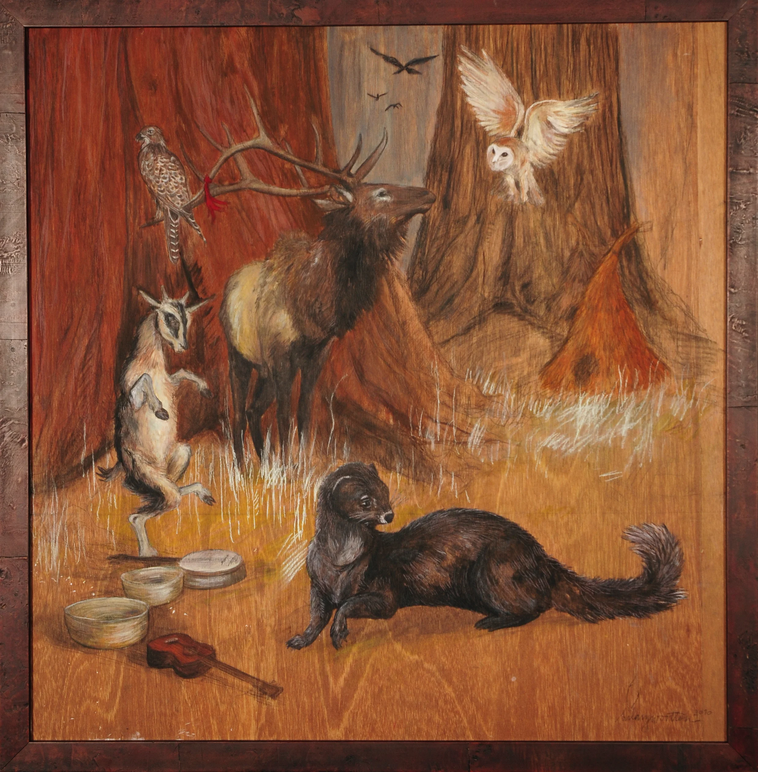   Celebration of Life in the Forest   Gouache, graphite + chalk pastel on wood panel  39" x 40" 