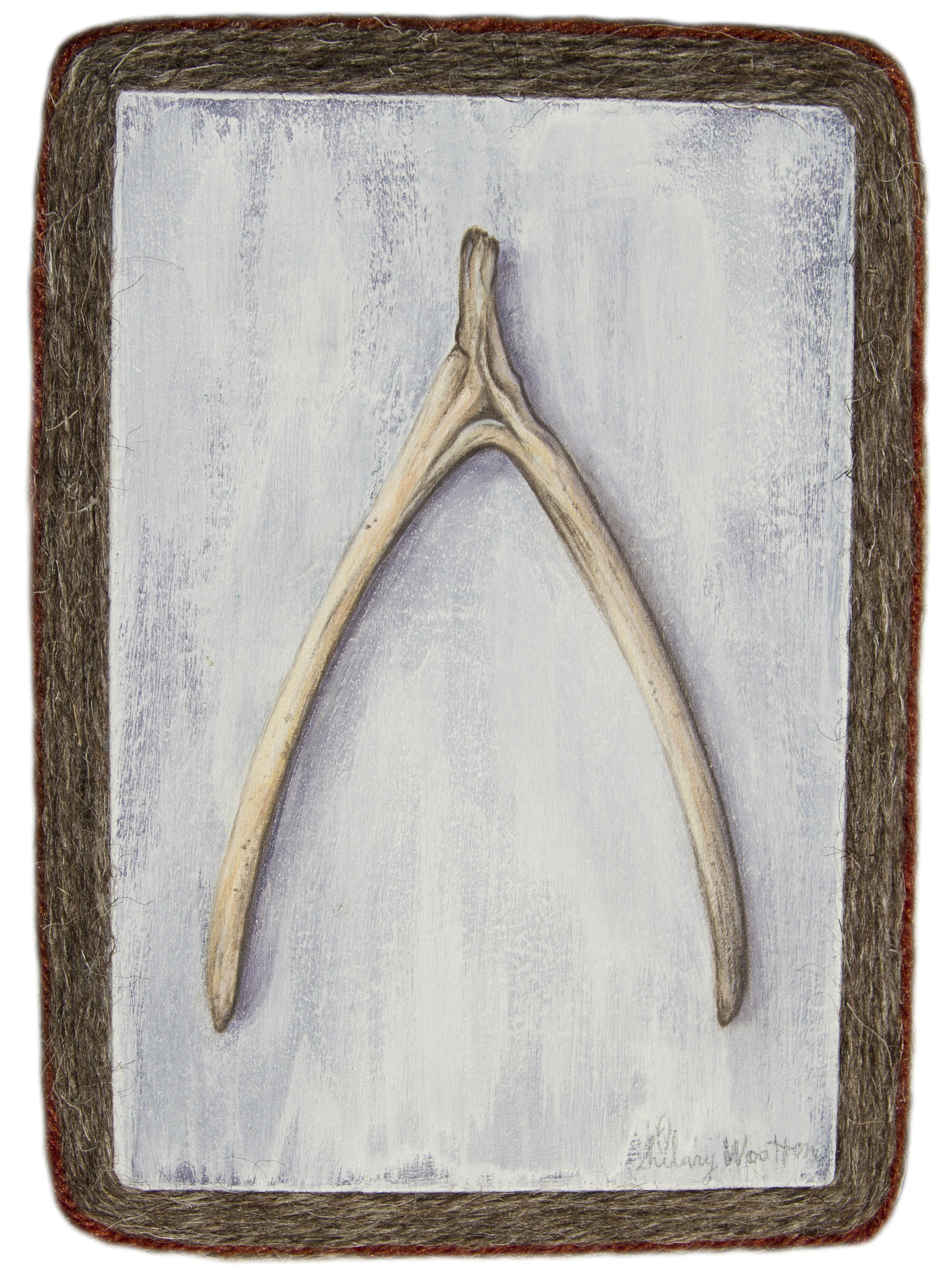   Wishbone Artifact&nbsp;   Acrylic + English wool on wood  5" x 7"  SOLD 