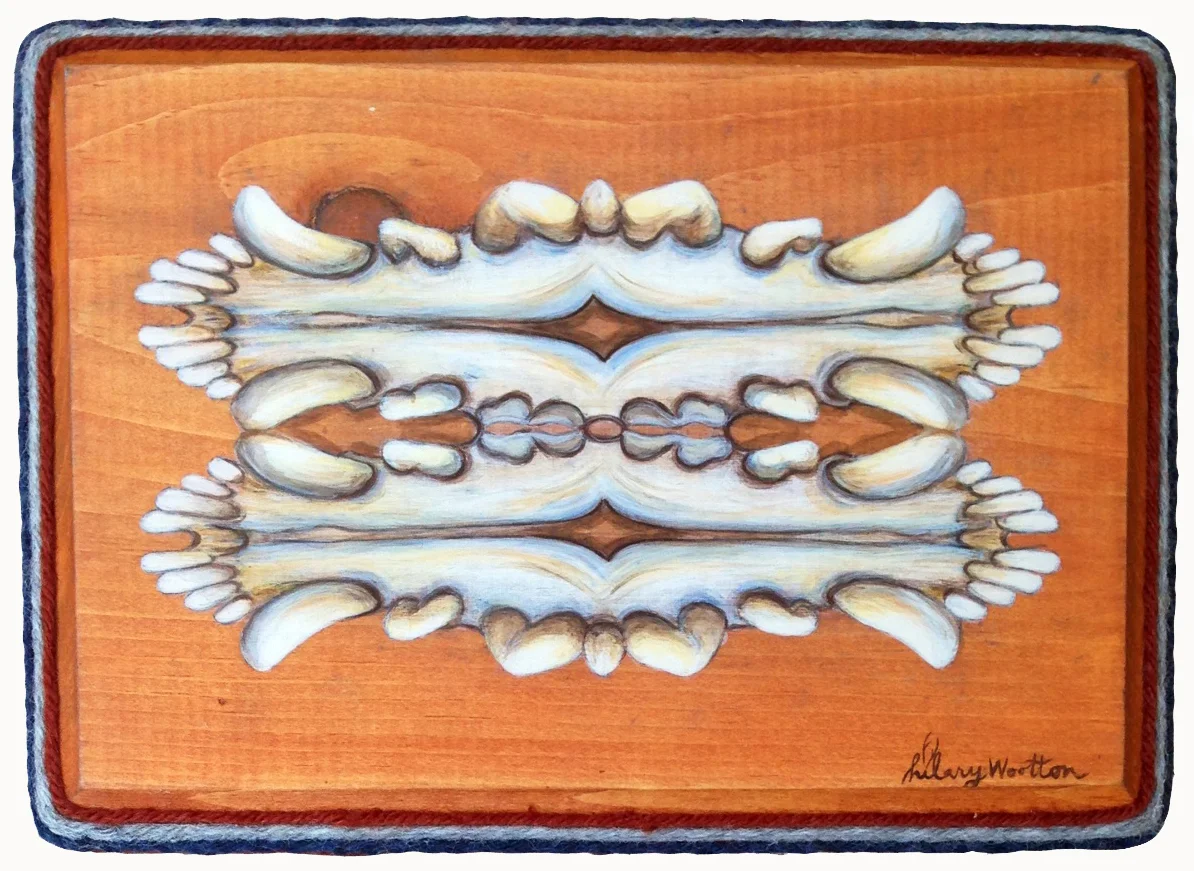   Mirrored Jaw   Acrylic + mixed fibers on wood  9 1/2" x 6 1/2" 