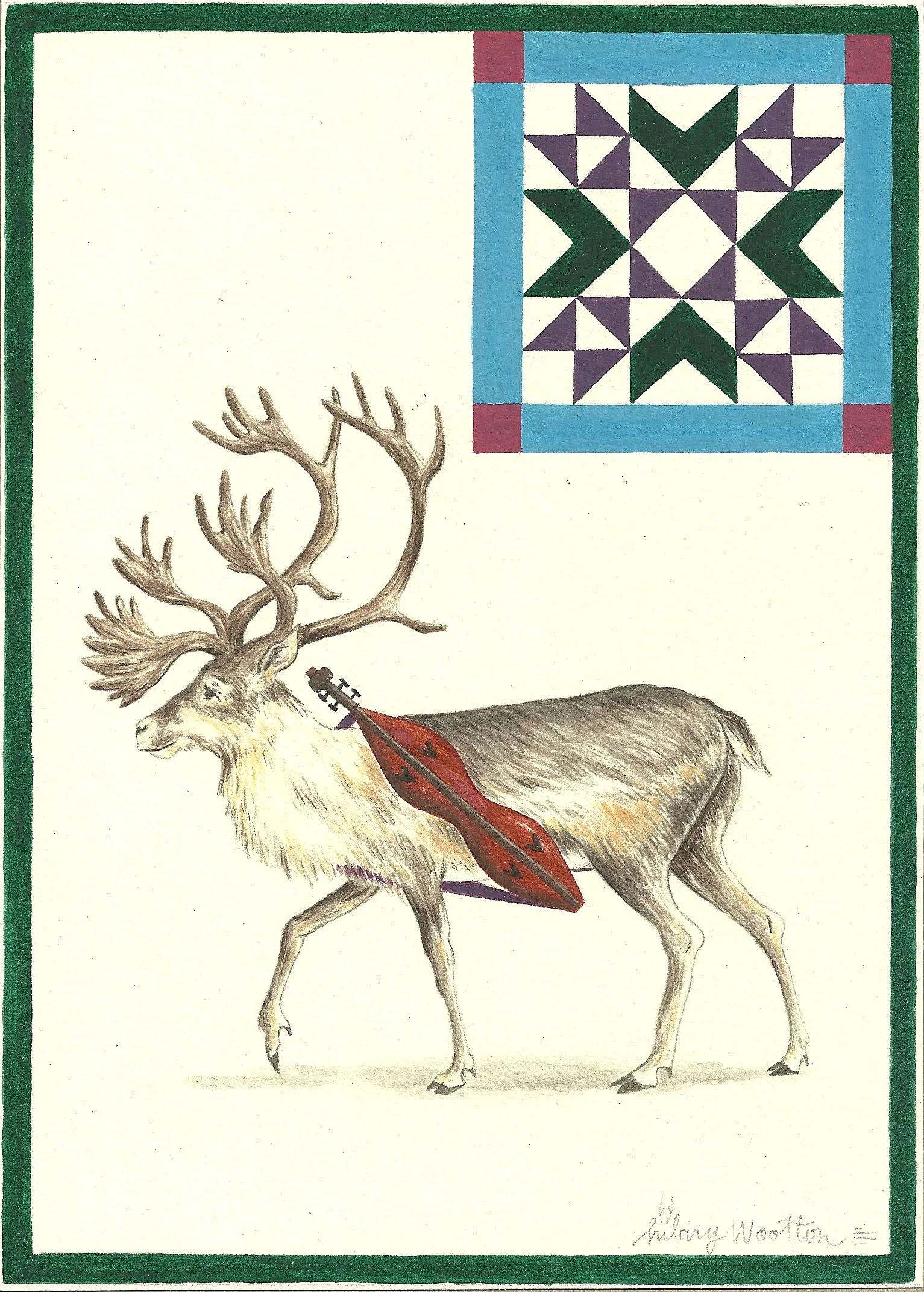   Caribou with Appalachian Dulcimer&nbsp;   Gouache on paper  5" x 7" 