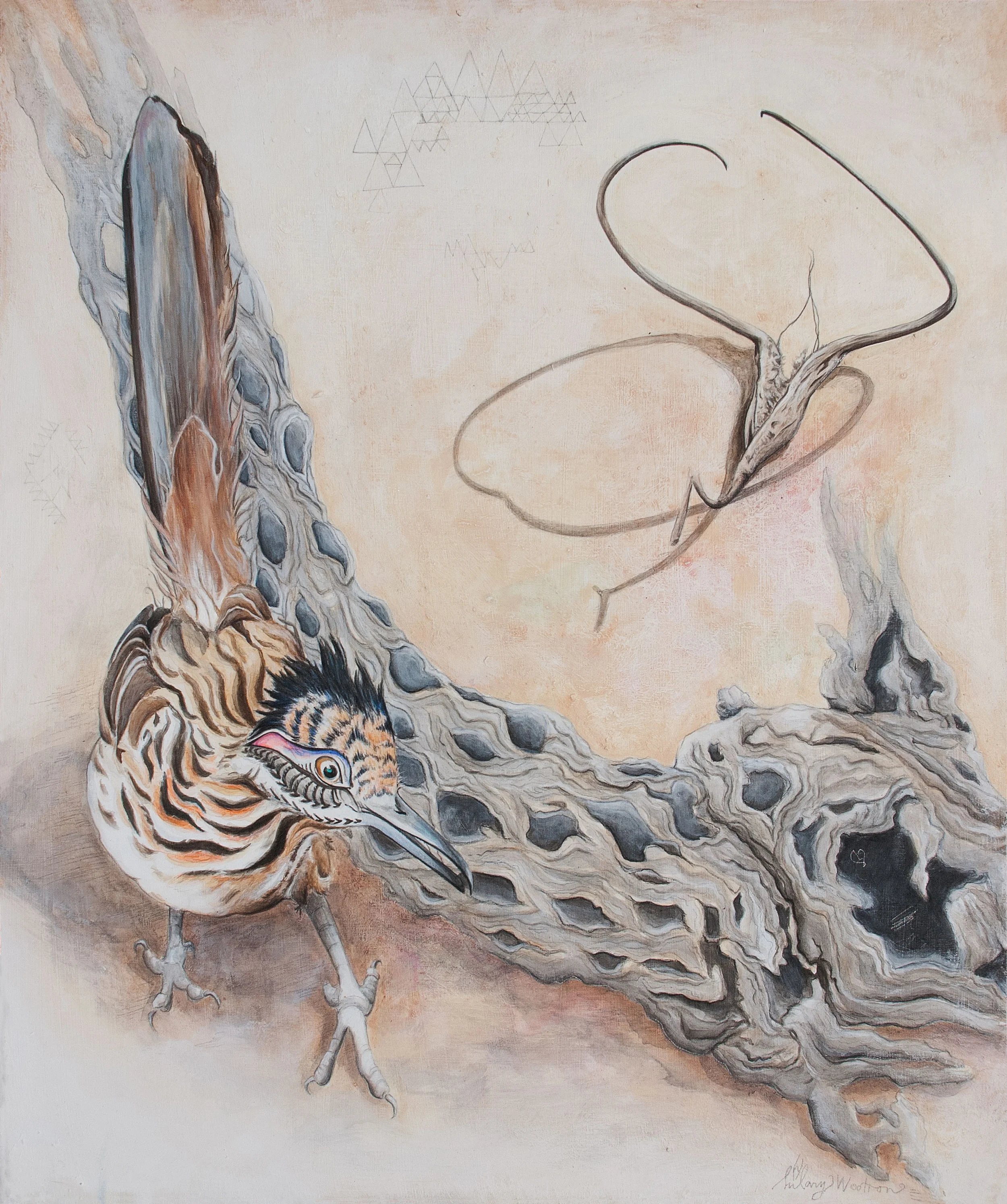   Roadrunner Meets the Devil   Acrylic + graphite on wood&nbsp;  20" x 24" 