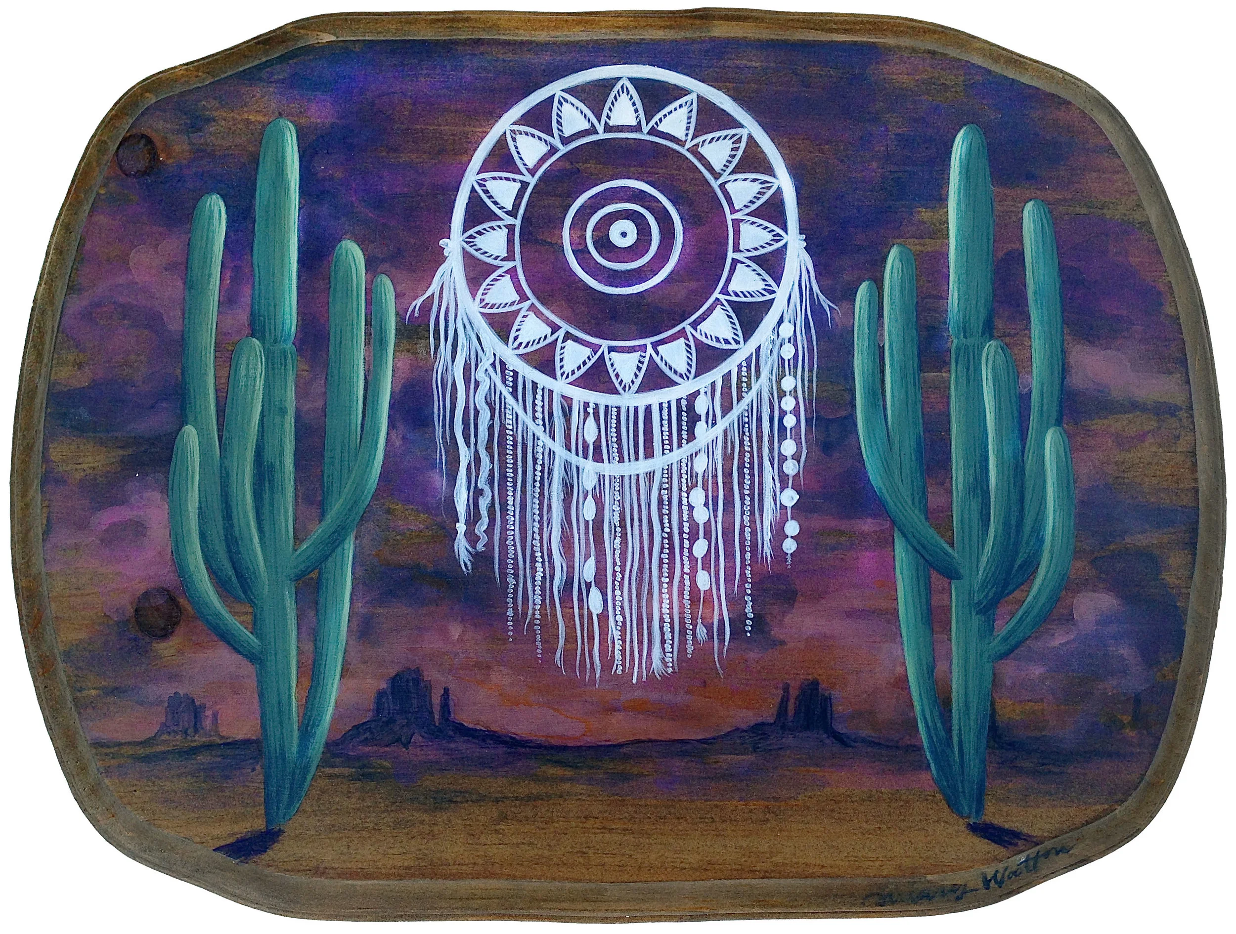   Desert Dream Catcher   Acrylic on wood&nbsp;  11 1/2" x 8 3/4"&nbsp;  SOLD 