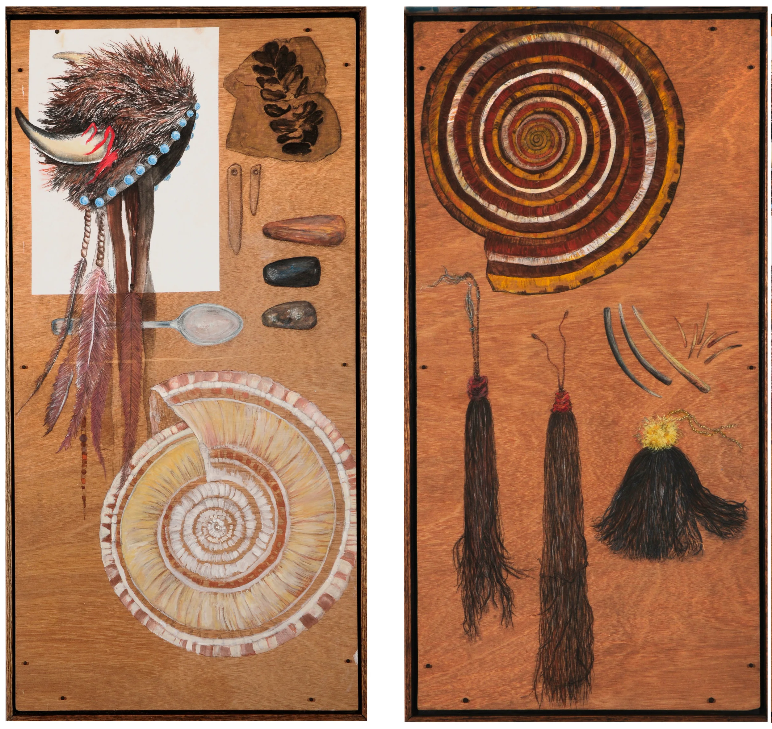   Sundial Diptych with Artifacts&nbsp;   Gouache, graphite + chalk pastel on wood  19 1/4" x 37 1/4" (each panel) 