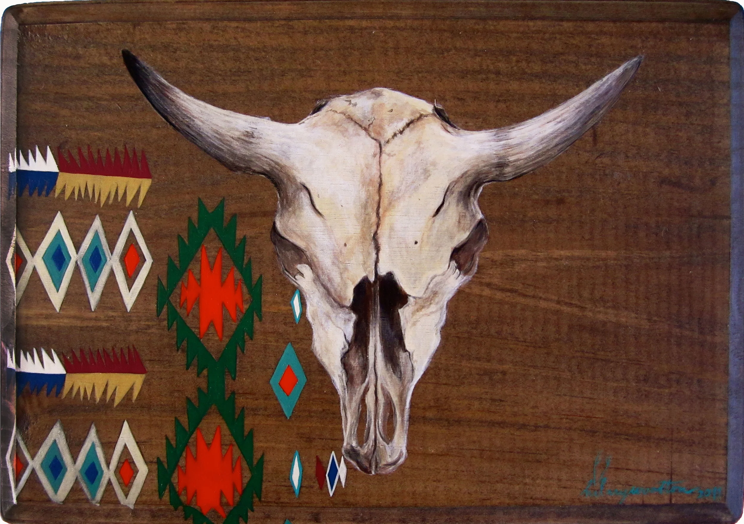   Steer Skull with Pattern&nbsp;   Acrylic on wood&nbsp;  10" x 7"  SOLD 