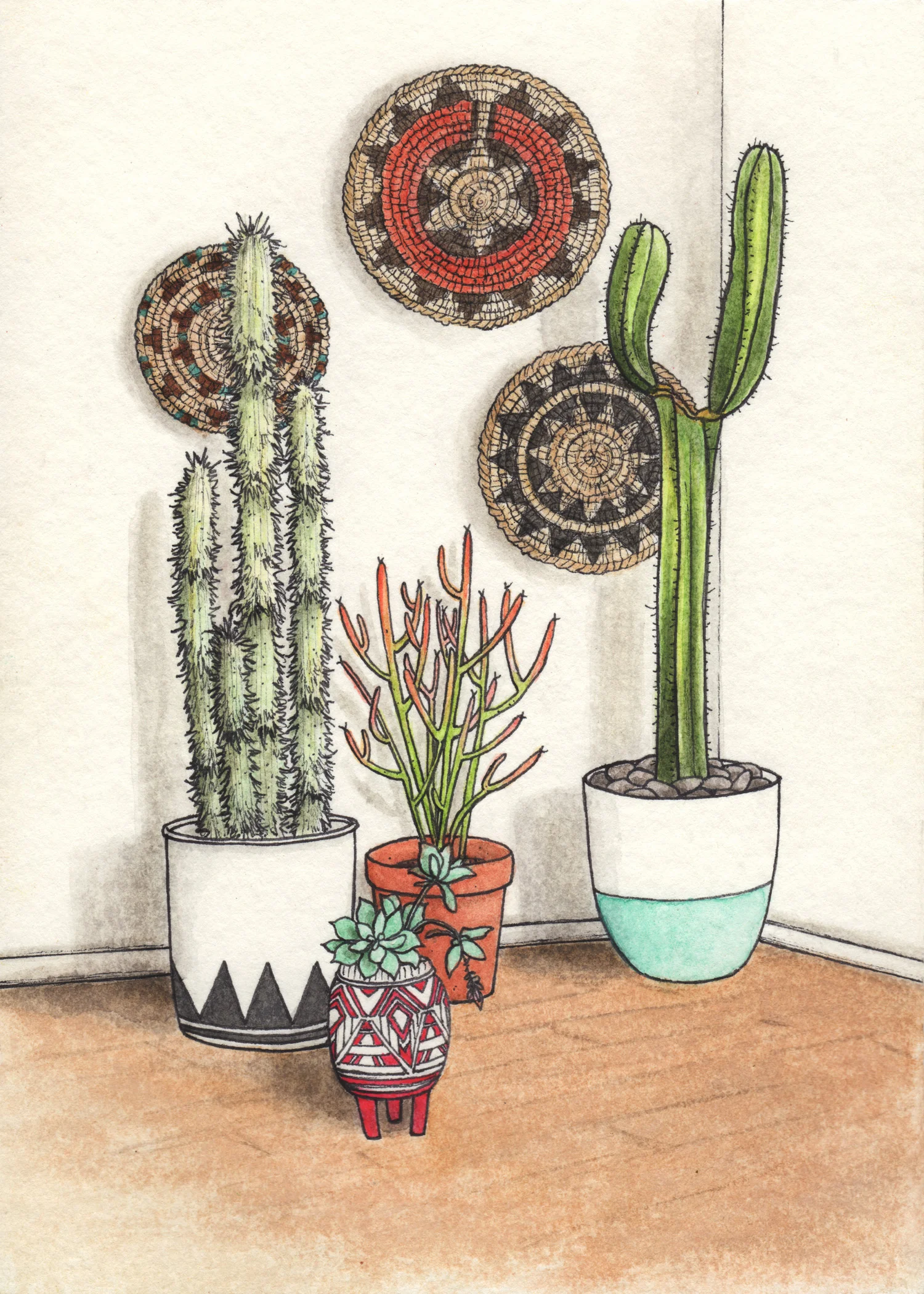 Cacti Collection with Navajo Baskets Watercolor + ink on paper 5" x 7" SOLD *prints available upon request