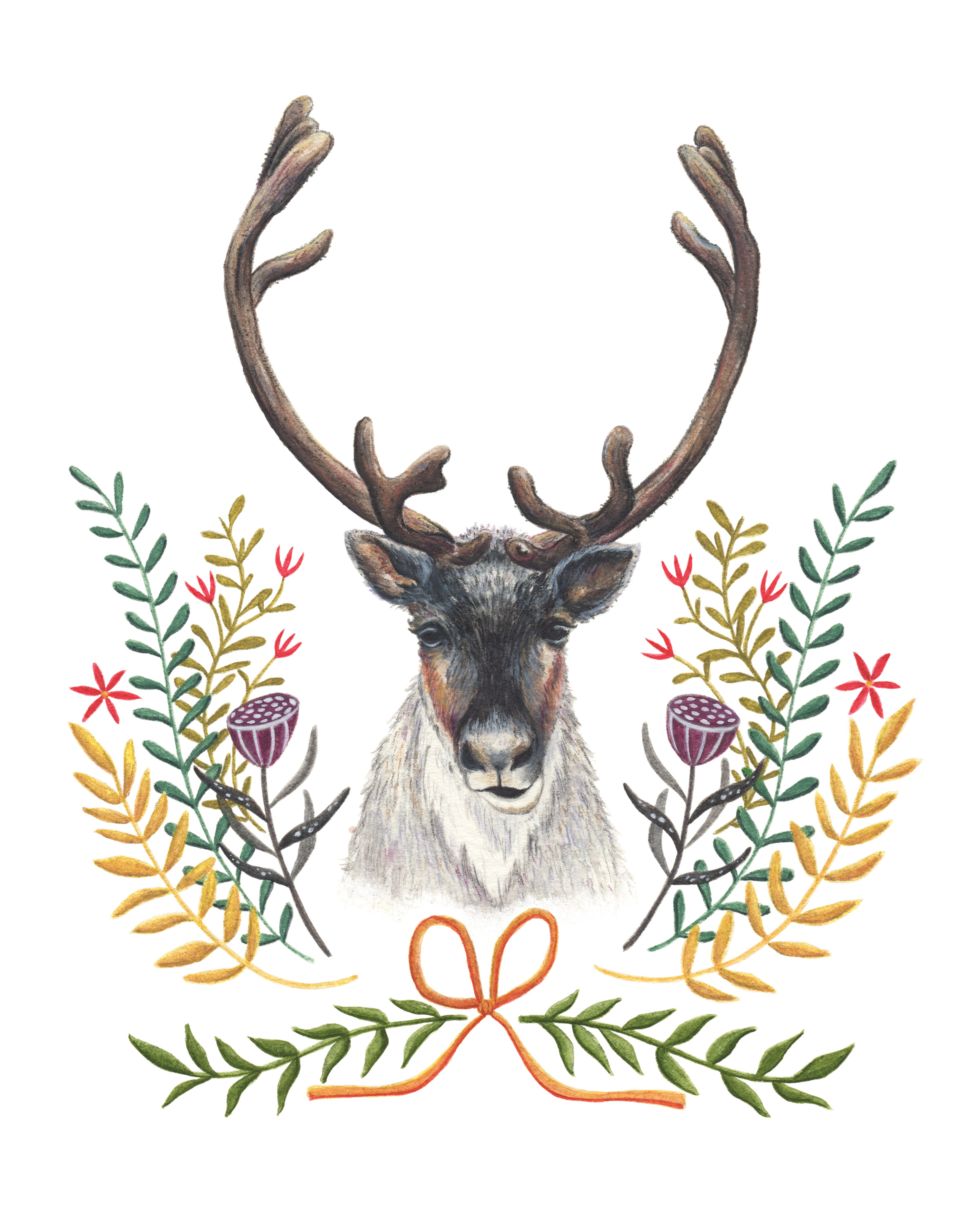 Reindeer with Floral Motif Watercolor + ink on paper * cards available in my Etsy shop ➵ Hilary Wootton