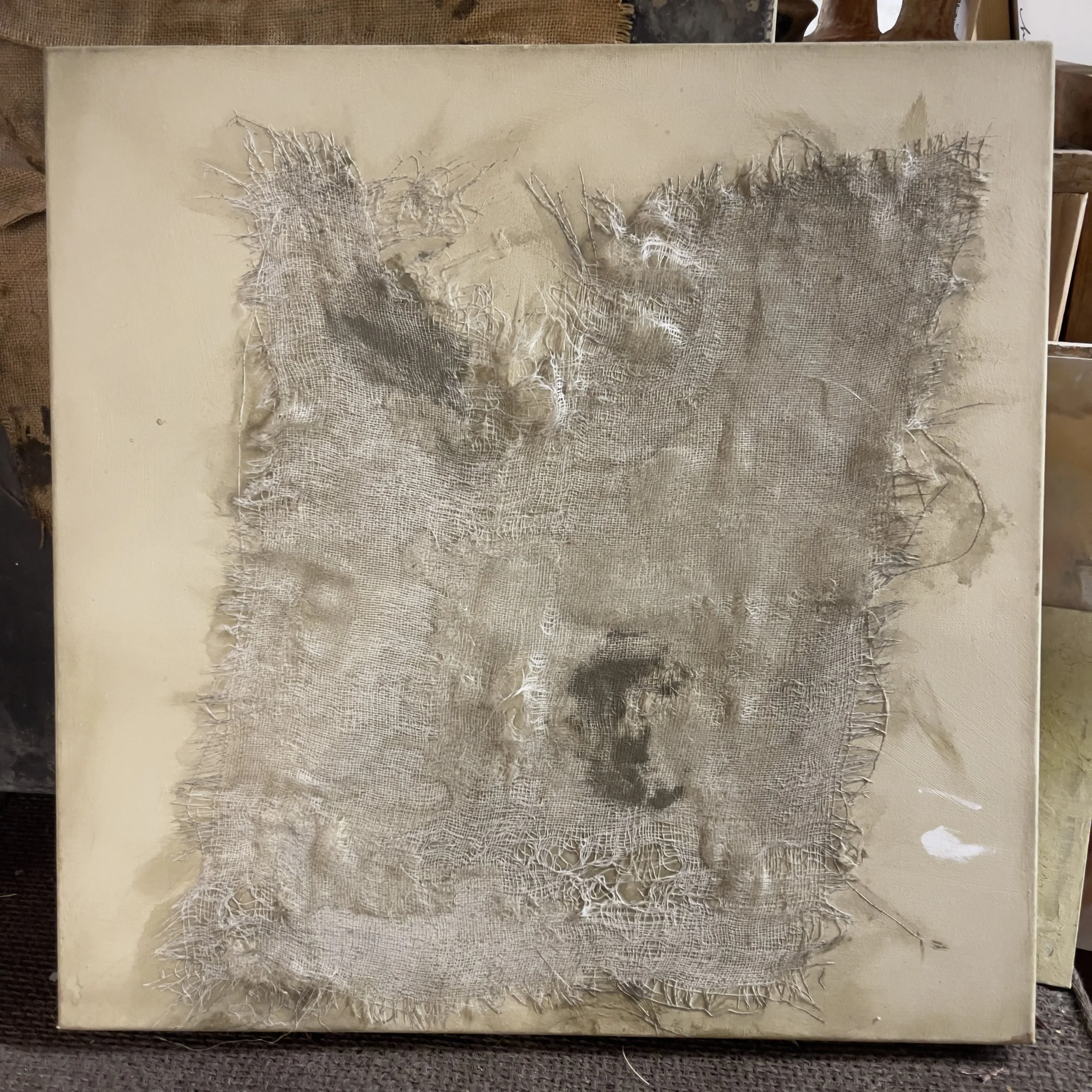   Masked III   Mixed media + paint on canvas  24” x 24” 