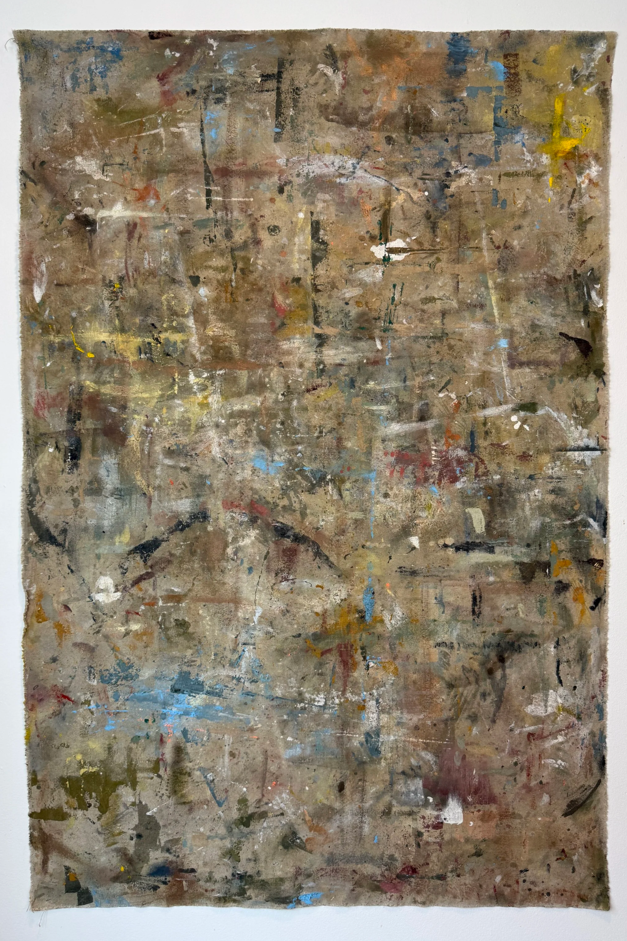  Drop Cloth No. 3  collected paint materials on raw canvas  2023 - 2026  48 in x 60 in 