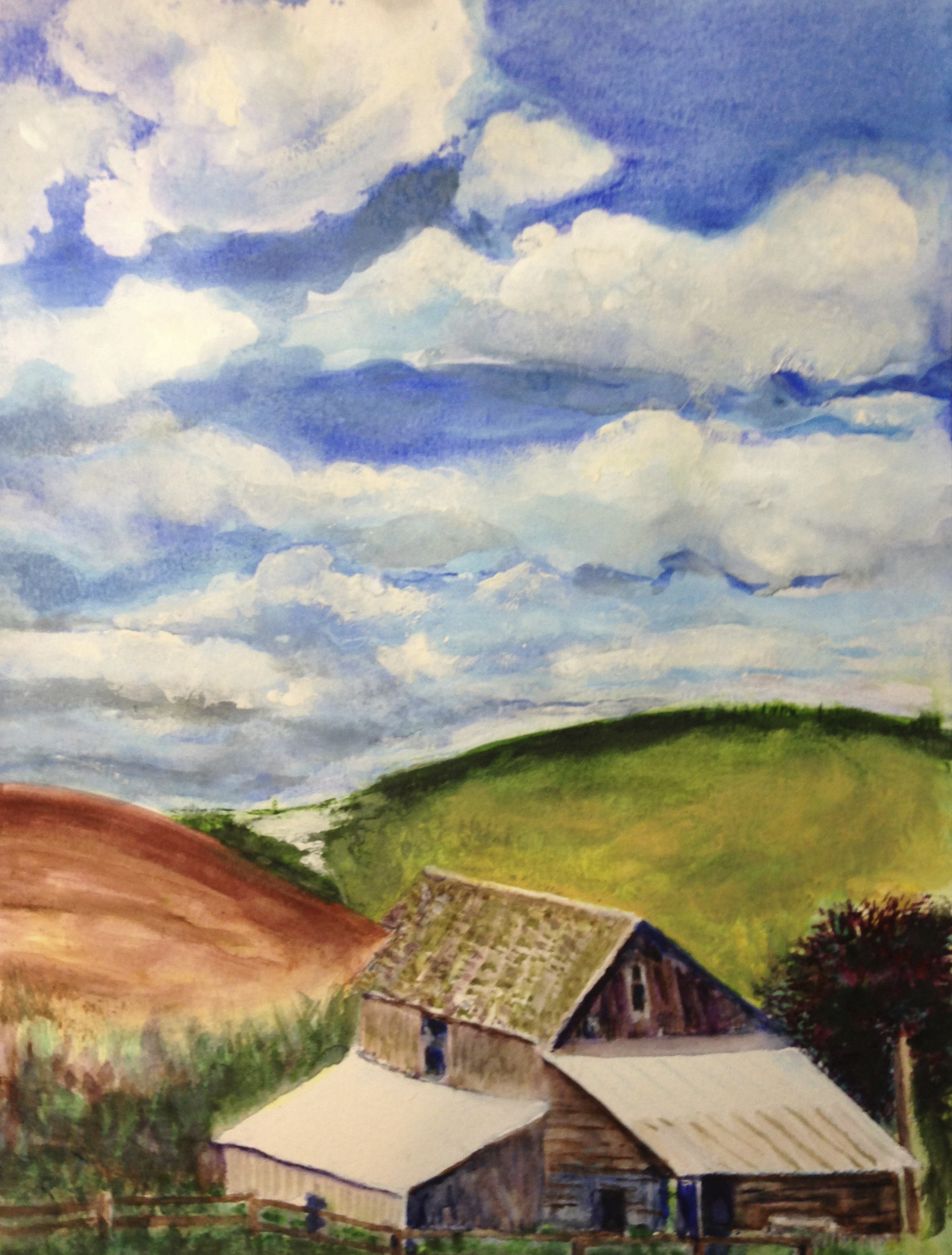 Idaho barns and sky, watercolor, by George Porter