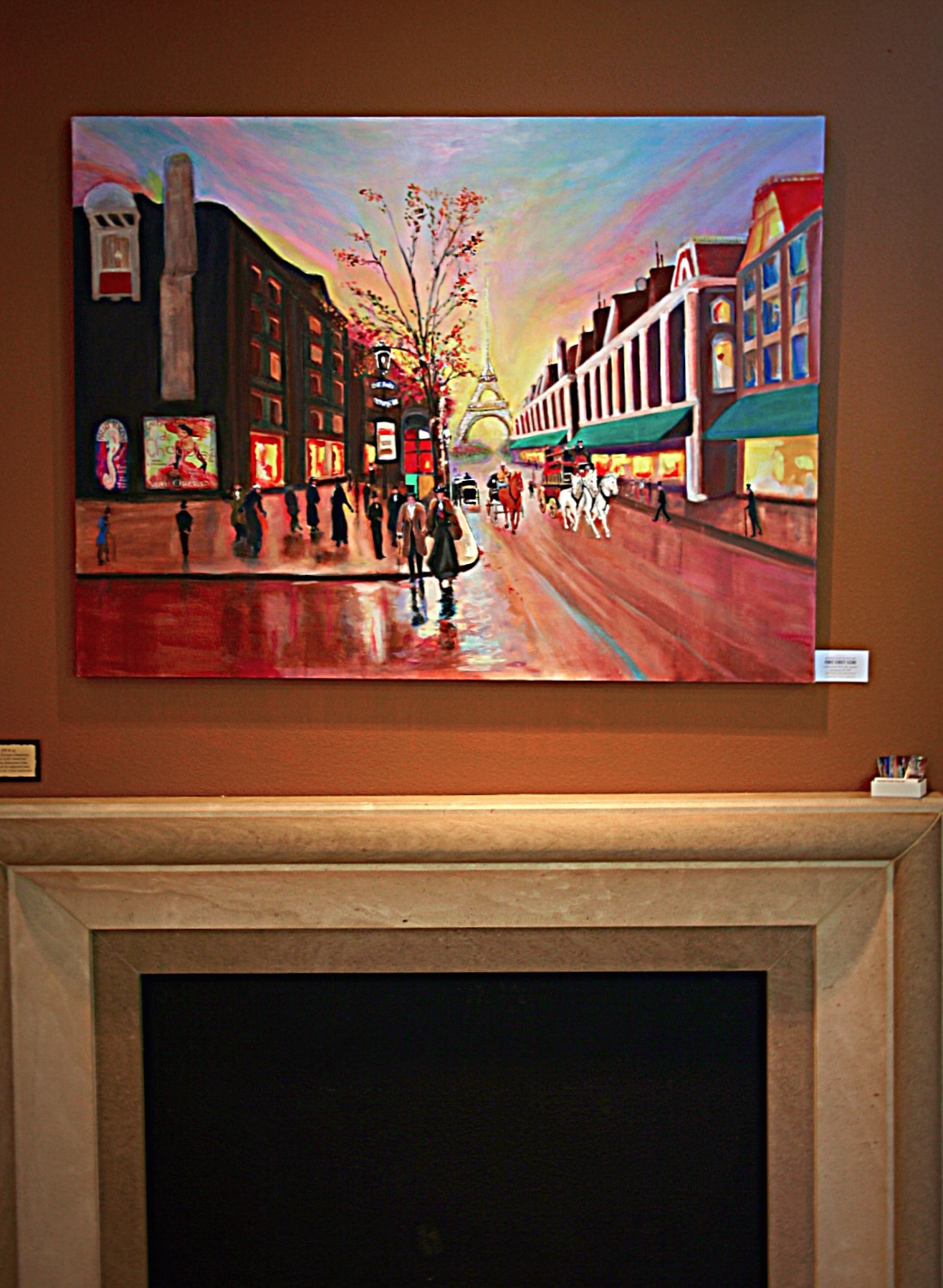 Paris Street Scene study by George Porter above Custom Limestone Fireplace at Stone Center Inc