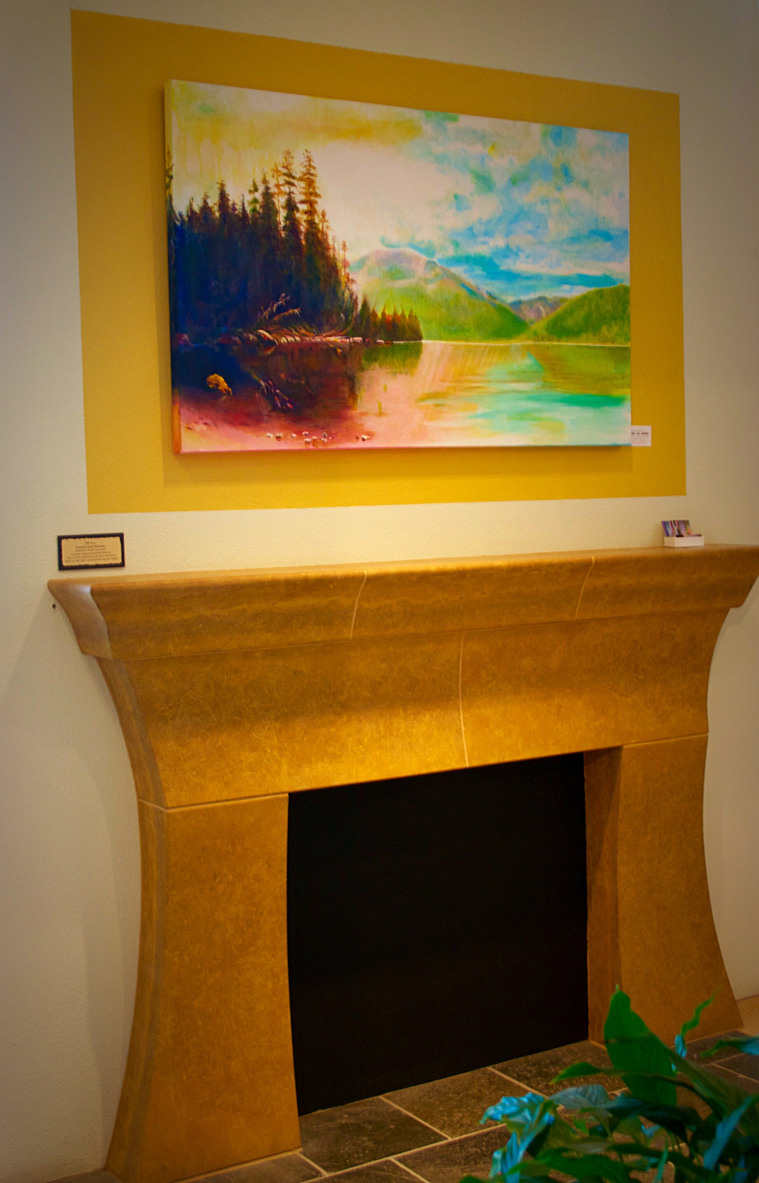 Saranac Lake, Morning study by George Porter above a Custom Limestone Fireplace