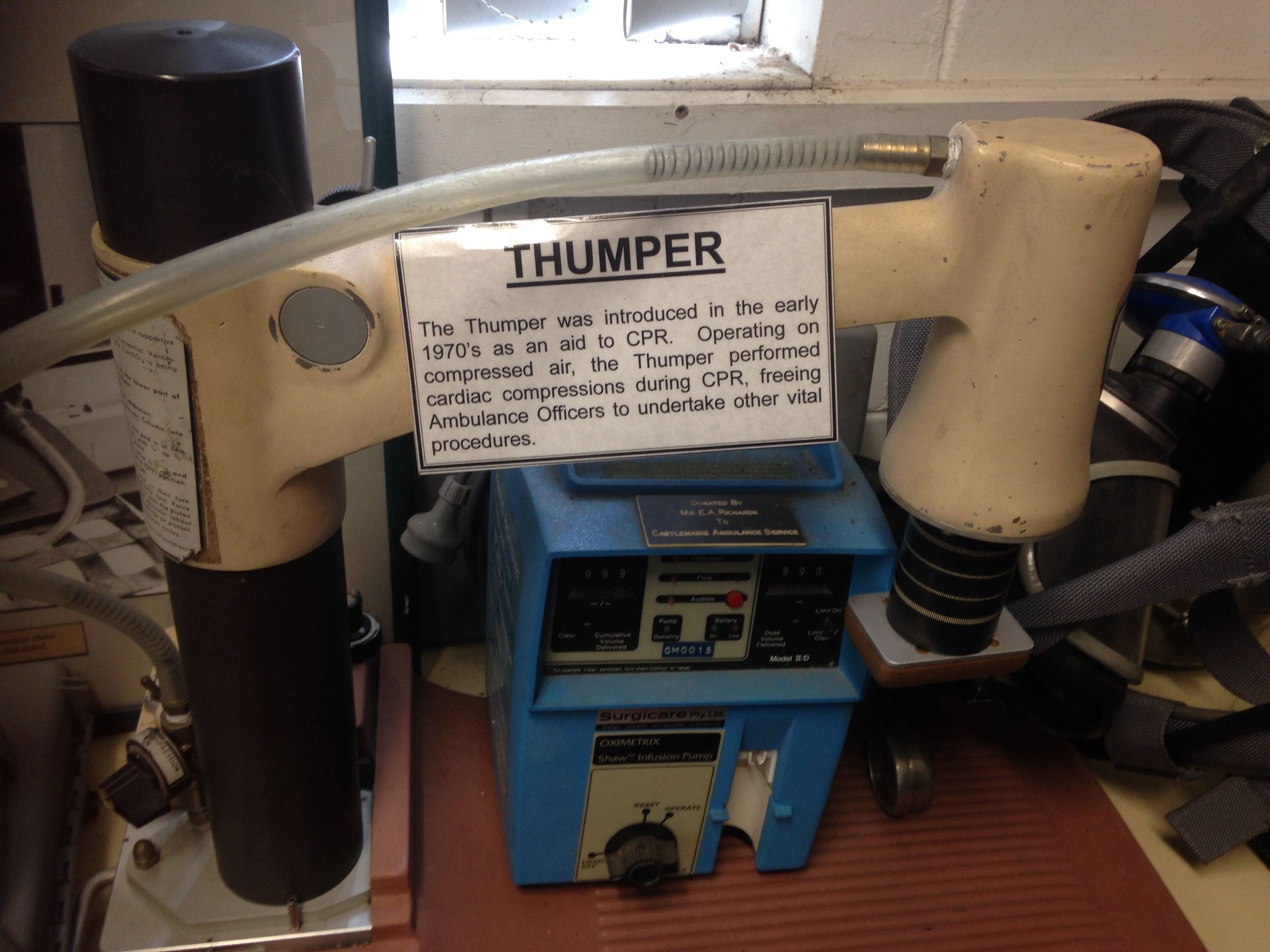  The Thumper was introduced in the early 1970s as an aid to CPR. Operating on compressed air, it performed cardiac compression during CPR, freeing Ambulance Officers to undertake other vital procedures 