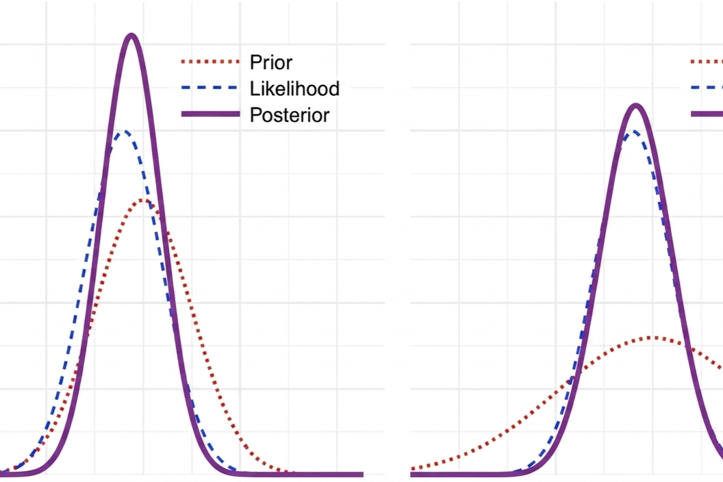 Graphic presentation of how a prior distribution impacts the posterior distribution given the identical likelihood function.