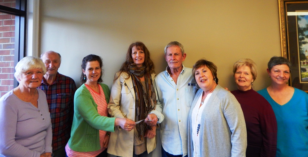  2017 Presentation to Woody Gap School, Suches, GA. for art supplies.  Left to right Helena Grossmann, Bob Scoda, Co Principals, Carol Knight and Sheila Collins, Paul Grossmann, Robin Bird Smith, Linda Karmgard and Brenda Chambers. 