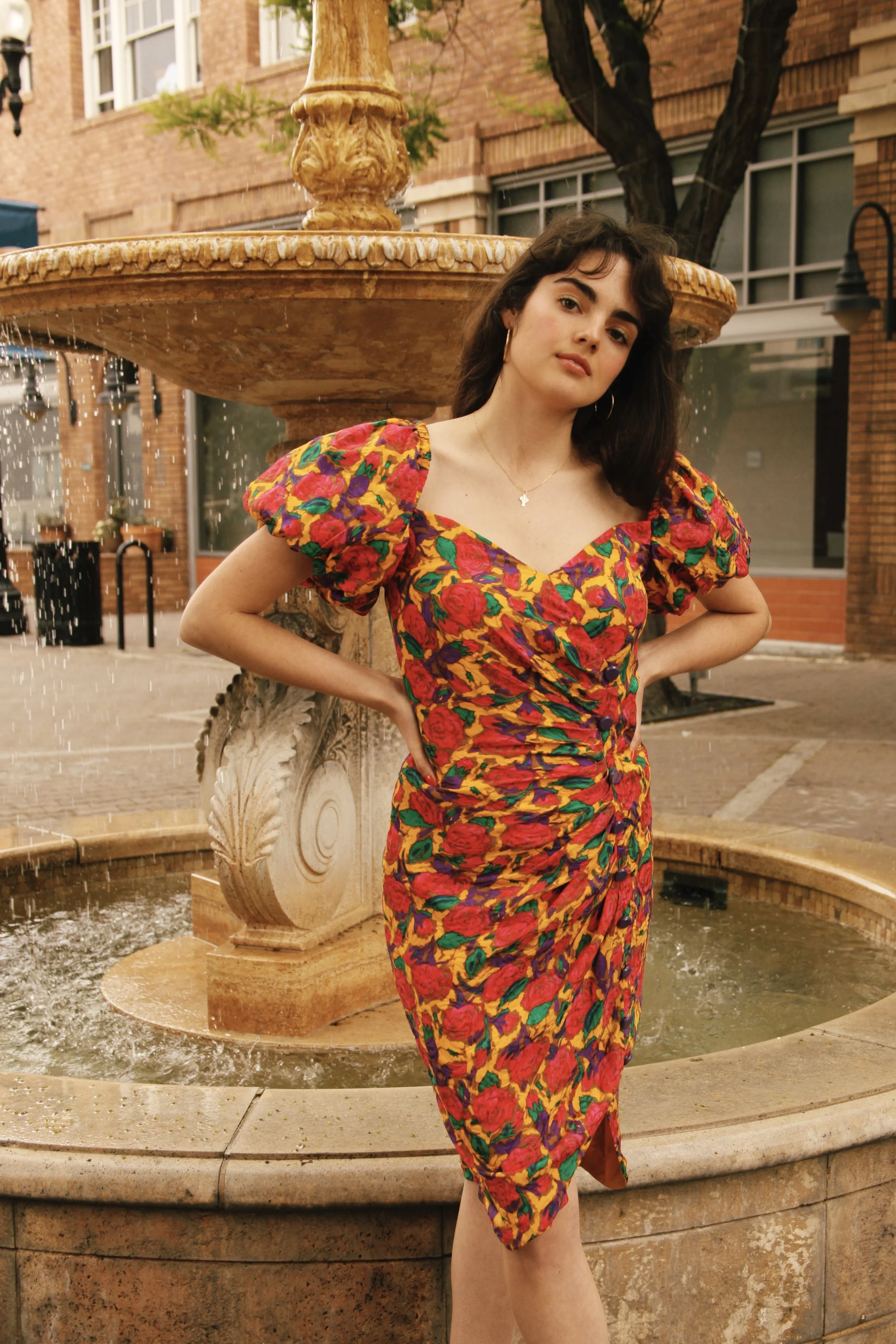 1980s Floral Puff Silk Dress Cameo Appearance Vintage
