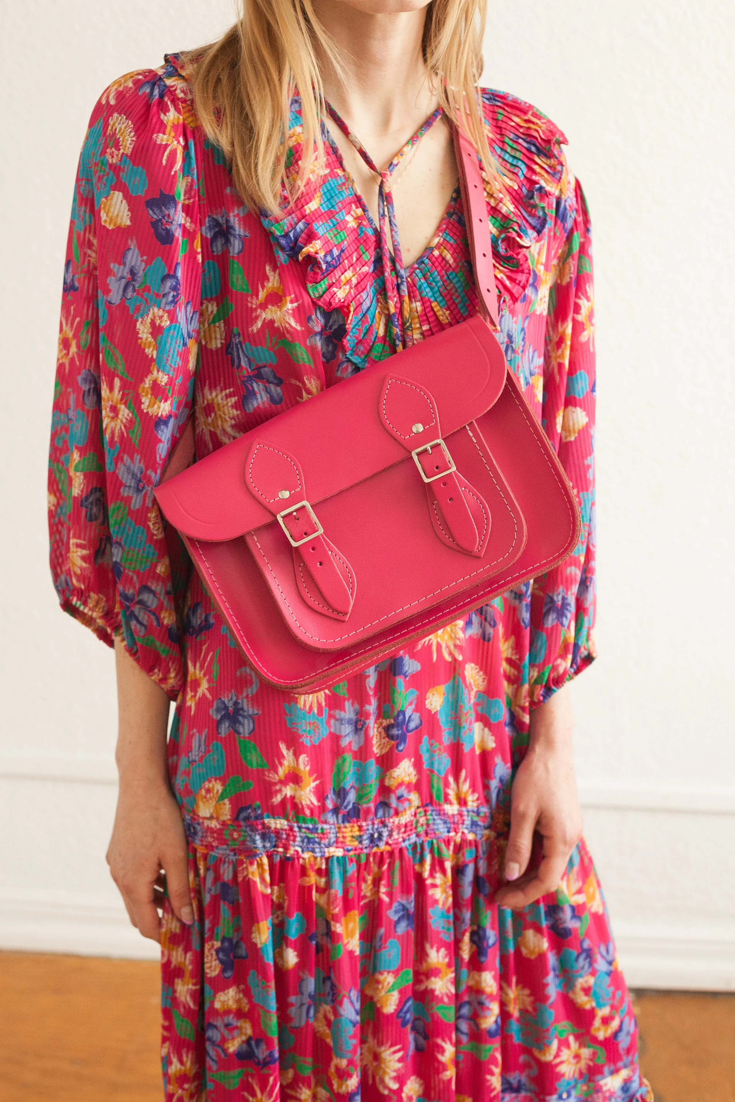 Magenta Leather Cross Body Satchel 