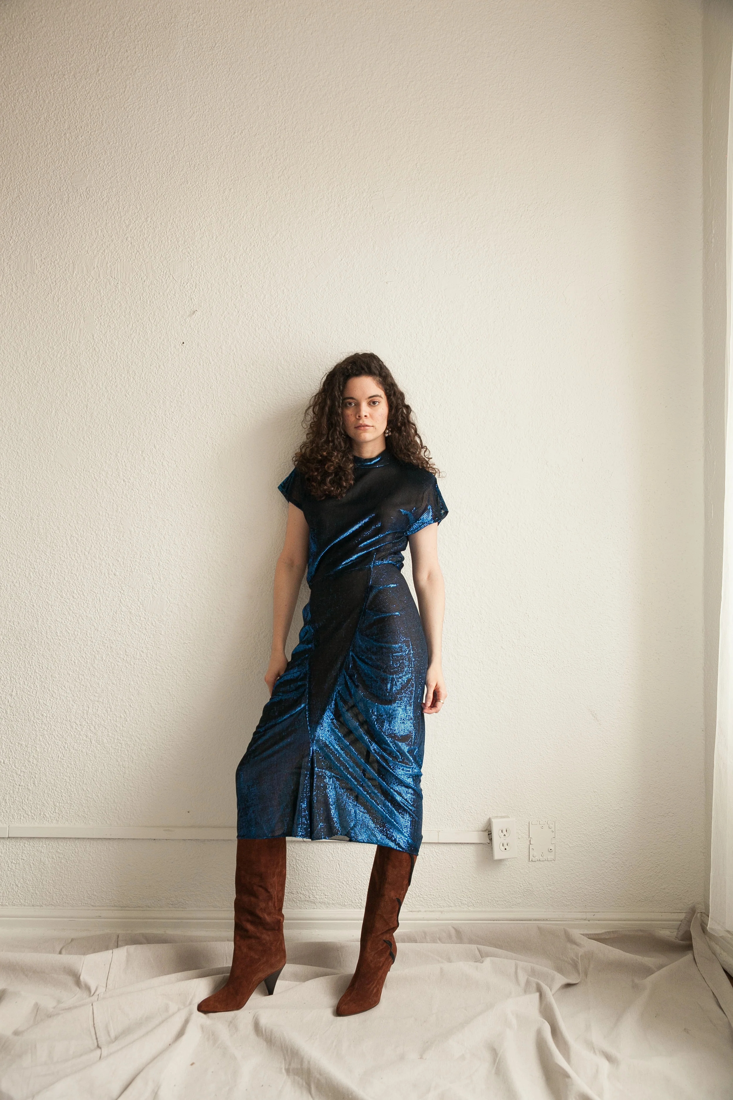 70s Royal Blue Sheer Glitter Lurex Dress