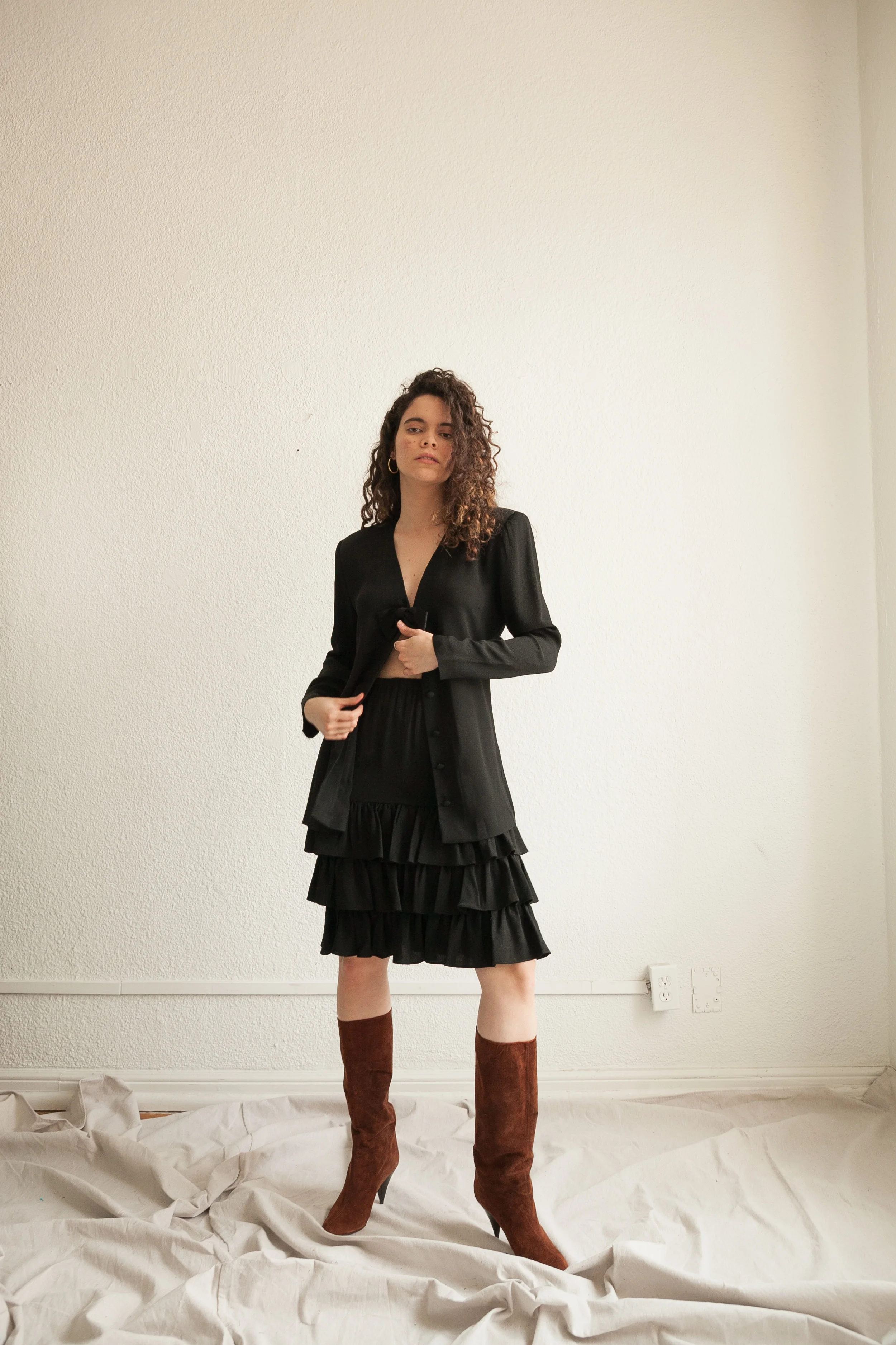Black Crepe Ruffle Skirt Set