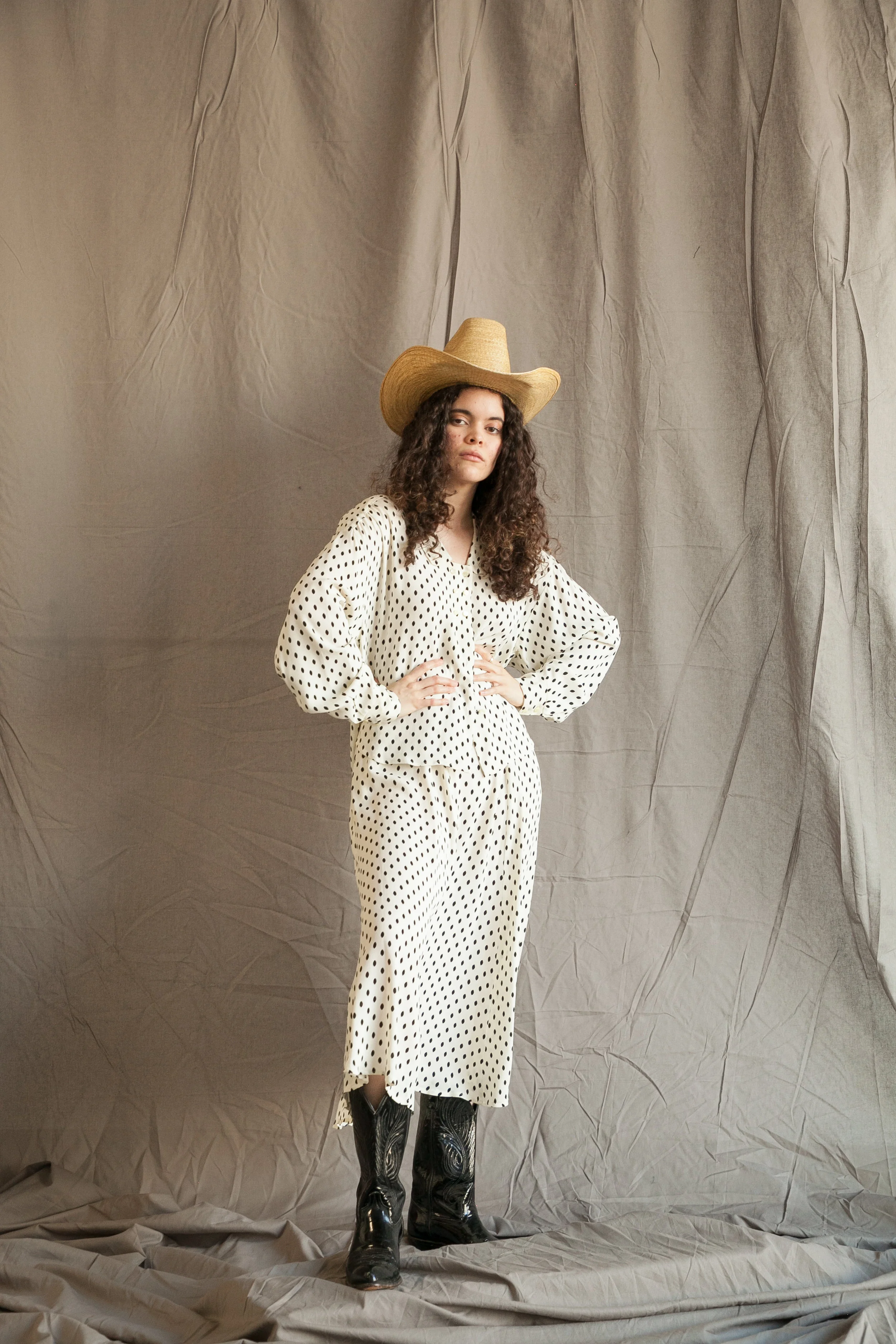 Crepe Balloon Sleeved Polka Dot Set