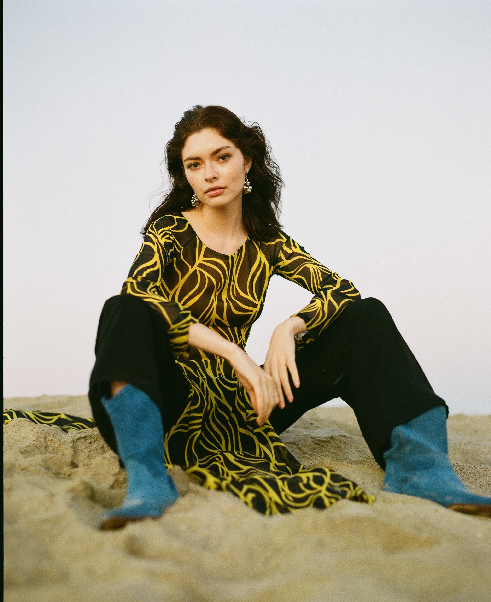 Yellow Swirl Áo dài Style Chiffon Tunic Blouse