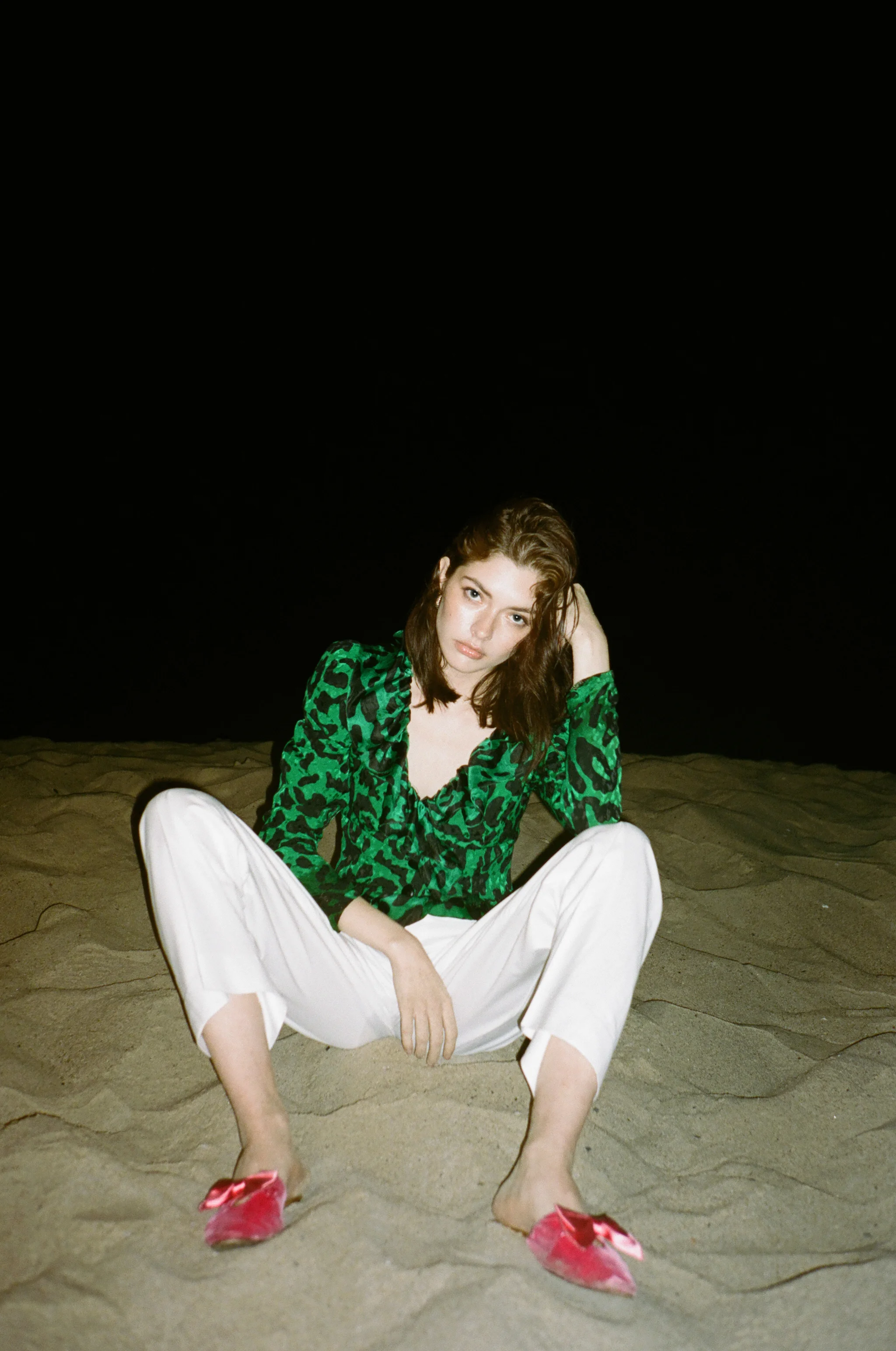 Vintage Green Leopard Silk Ruffle Blouse