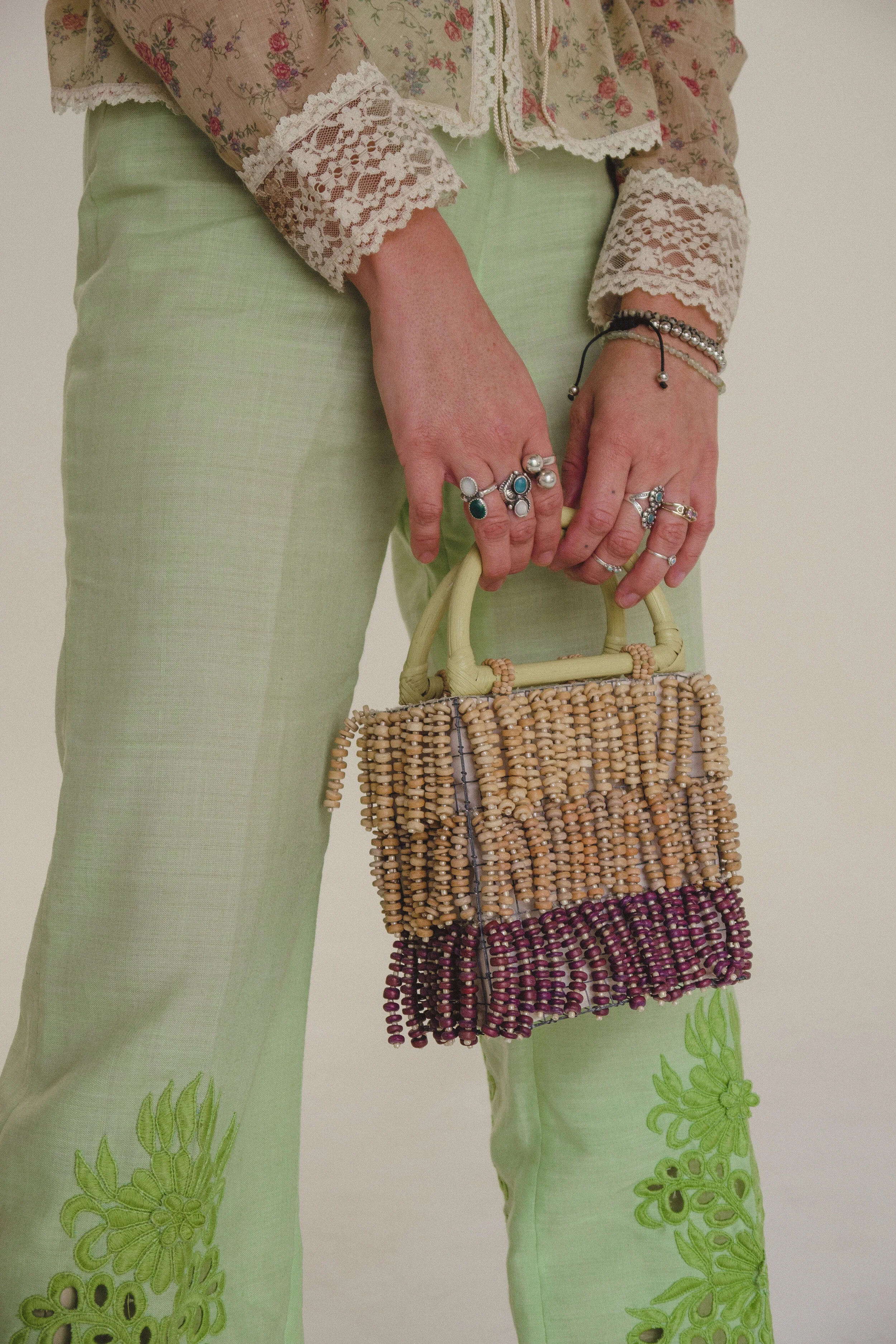Vintage Wooden Beaded Basket Bag