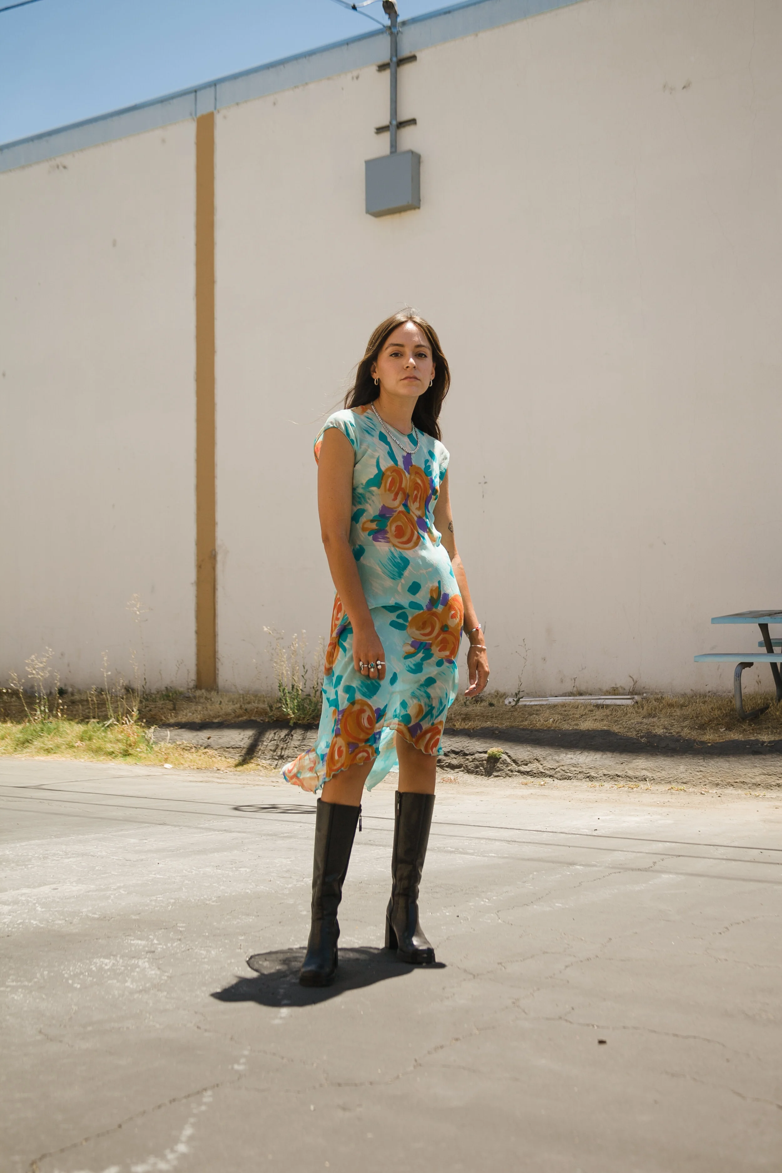 90s does 30s Sheer Chiffon Turquoise and Orange Floral Bias Cut Dress
