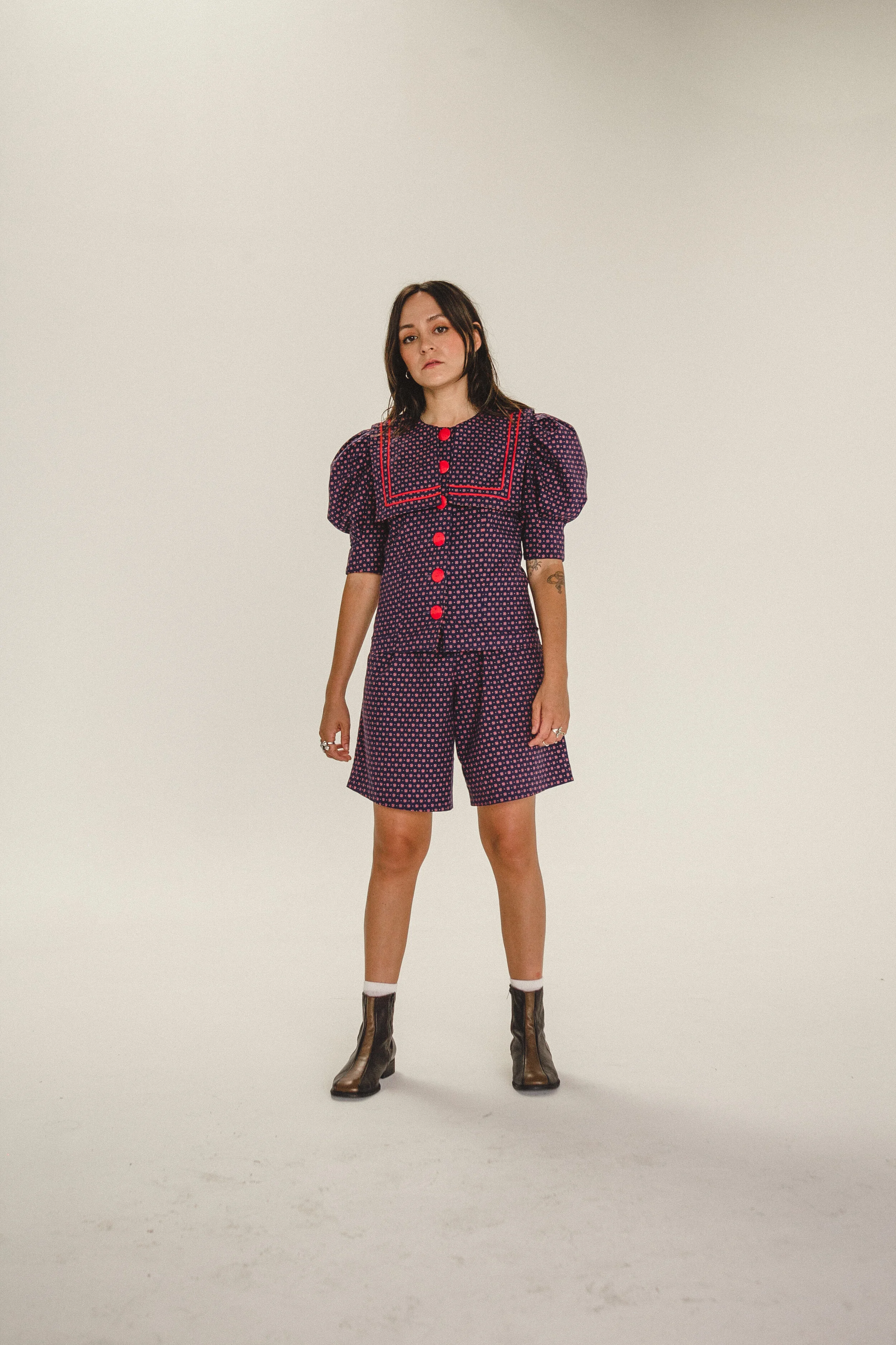 1980s Puff Sleeve and Square Collar Short Set